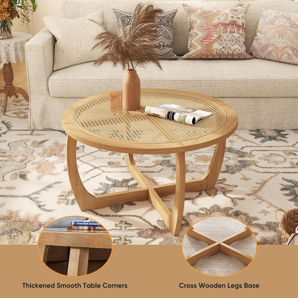 PADMA HOUSE Round Wood Coffee Table with Handmade Rattan Top, Solid Circle Wooden Center Table with Curved Legs, Farmhouse Cocktail Table for Living Room, Light Brown 32.28' x 18'