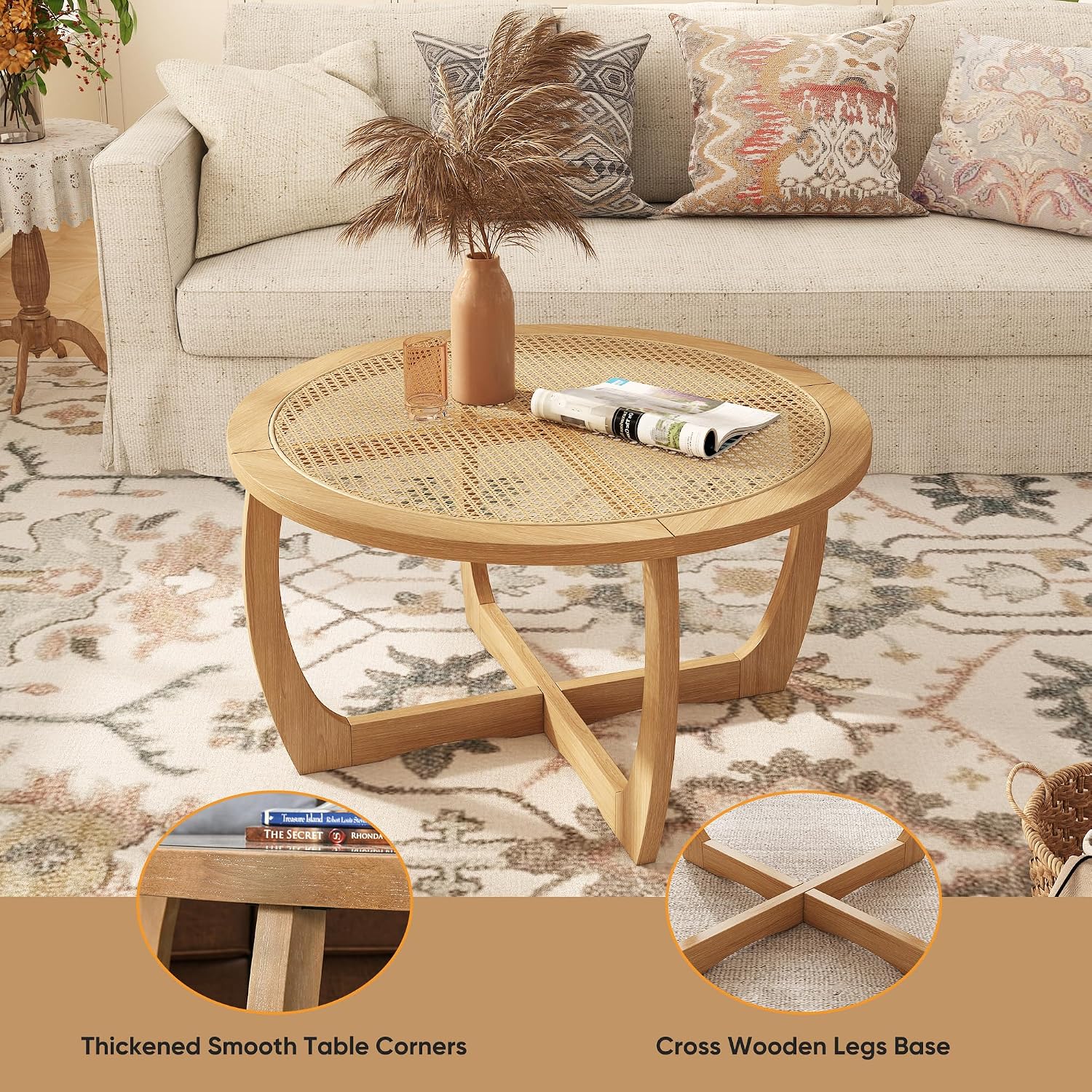 PADMA HOUSE Round Wood Coffee Table with Handmade Rattan Top, Solid Circle Wooden Center Table with Curved Legs, Farmhouse Cocktail Table for Living Room, Light Brown 32.28' x 18'