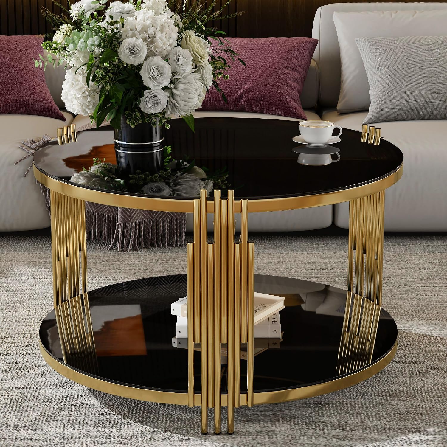 31.5'' Tempered Glass Round Coffee Table for Living Room, 2-Tier Modern Circle Coffee Table, Black Mirror Tabletop & Metal Drum Base, Easy Assembly, Black & Gold