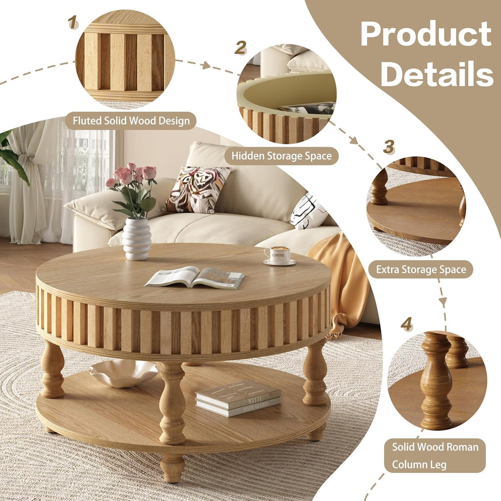 31.49'' Round Coffee Table with Storage Space, 2-Tier Modern Rustic Wood Circle Fluted Coffee Table for Living Room, Moveable Table Top & Easy Assembly, Natural