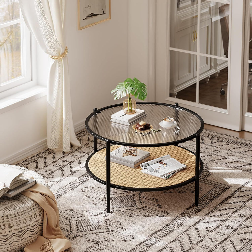 30' Round Rattan Coffee Table, 2-Tier Black Gold Glass Storage Center Table for Living Room, Modern Circle Small Round Coffee Table with Tempered Water-Wave Glass Top & Metal Frame for Bedroom, Office