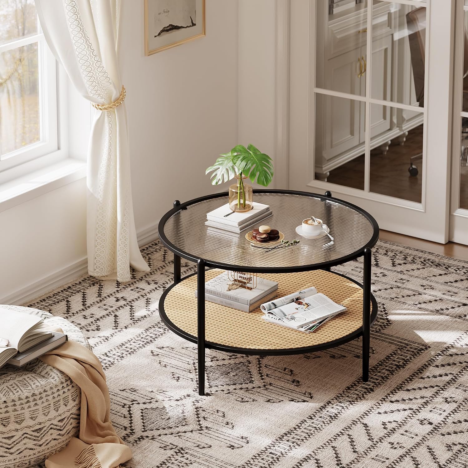 30' Round Rattan Coffee Table, 2-Tier Black Gold Glass Storage Center Table for Living Room, Modern Circle Small Round Coffee Table with Tempered Water-Wave Glass Top & Metal Frame for Bedroom, Office