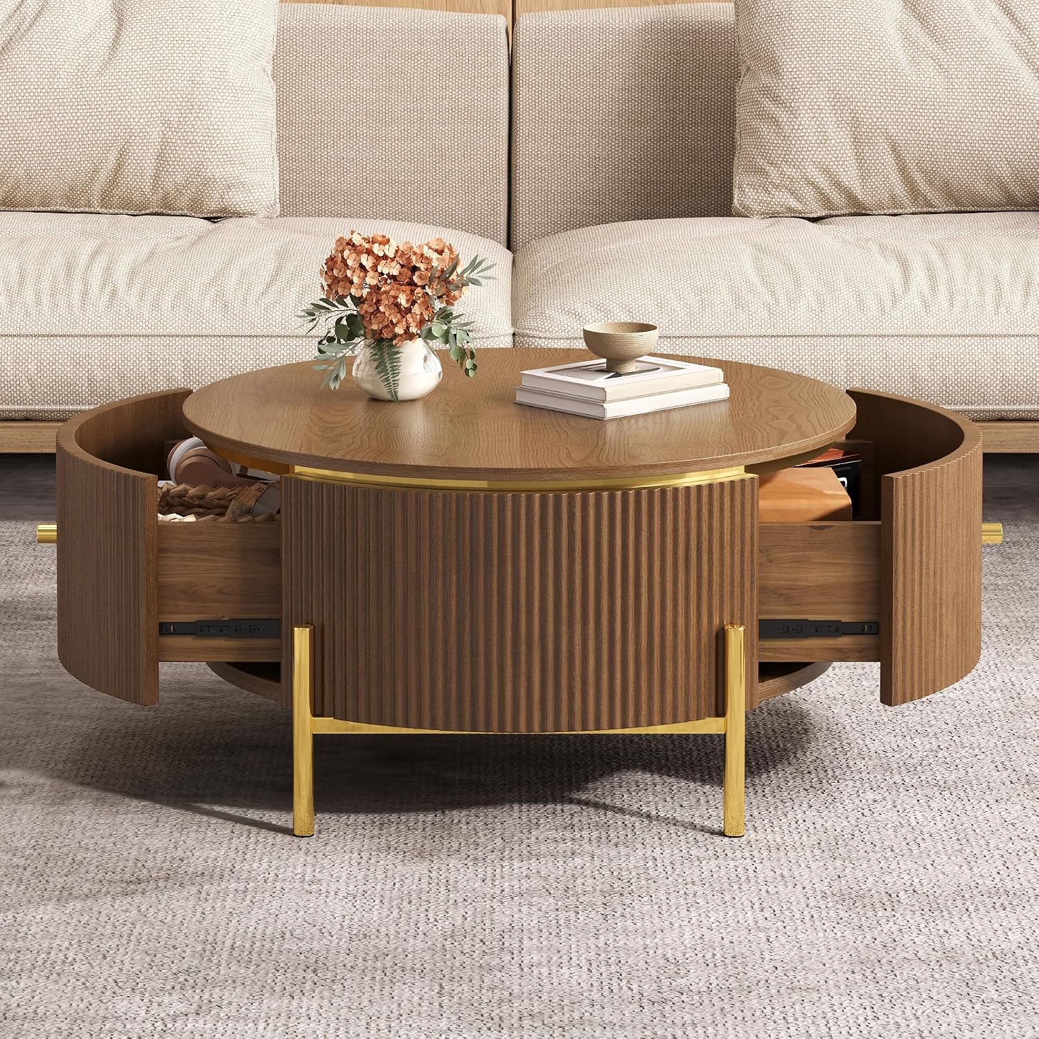 Modern Round Coffee Table with 2 Large Drawers Storage Accent Table, Brown, 31.5'