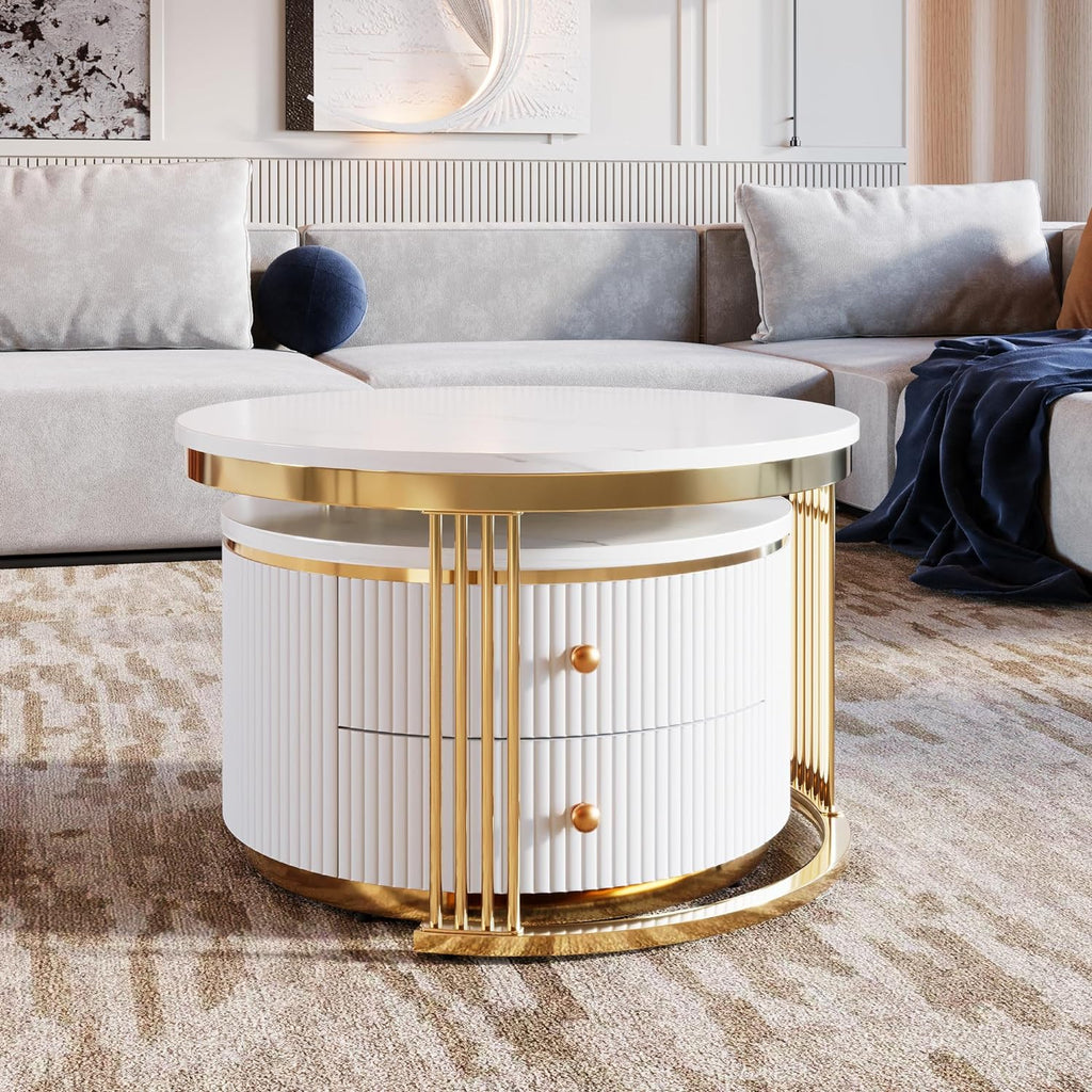 27.6' Modern 2 Pieces Round Nesting Coffee Table with Drawers,White