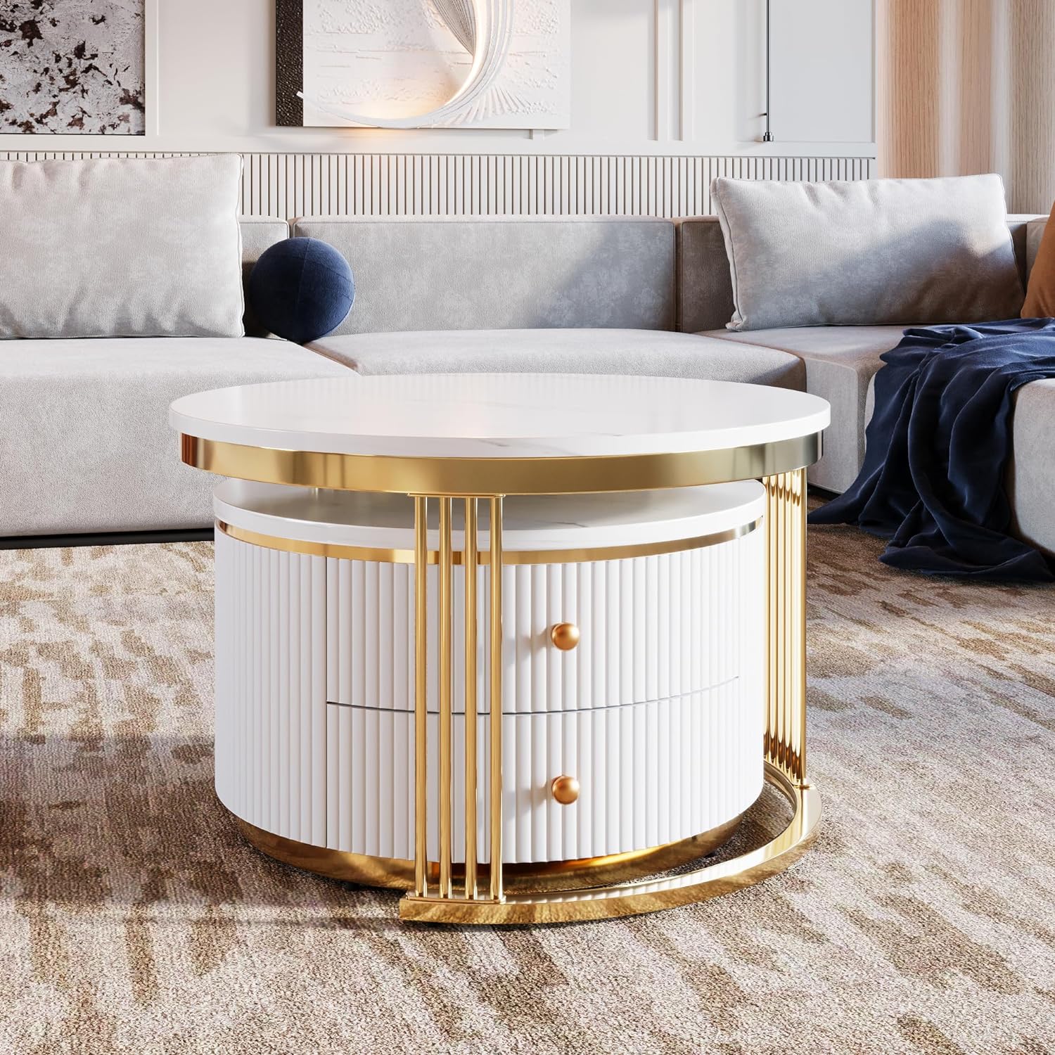 27.6' Modern 2 Pieces Round Nesting Coffee Table with Drawers,White