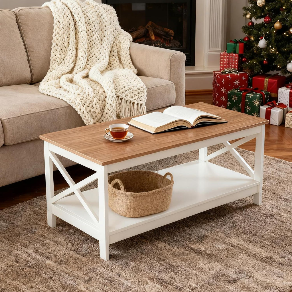 MAISON ARTS Farmhouse Coffee Table 39'', 2-Tier Coffee Table Set with Storage for Living Room, X-Frame Design Rustic Center Table, Easy Assembly, Ivory White