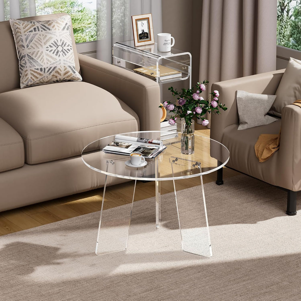 Acrylic Coffee Table Round, Clear Circle Modern Lucite Side Table Legs for Living Room, Bedroom, Office (Clear, 23.6' × 15.7')
