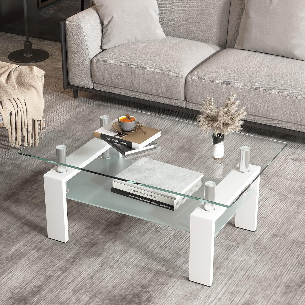 Glass Coffee Table Set of 3, 3-piece Living Room Tables with Tempered Glass and Metal Frame, Coffee and End Table Sets, White