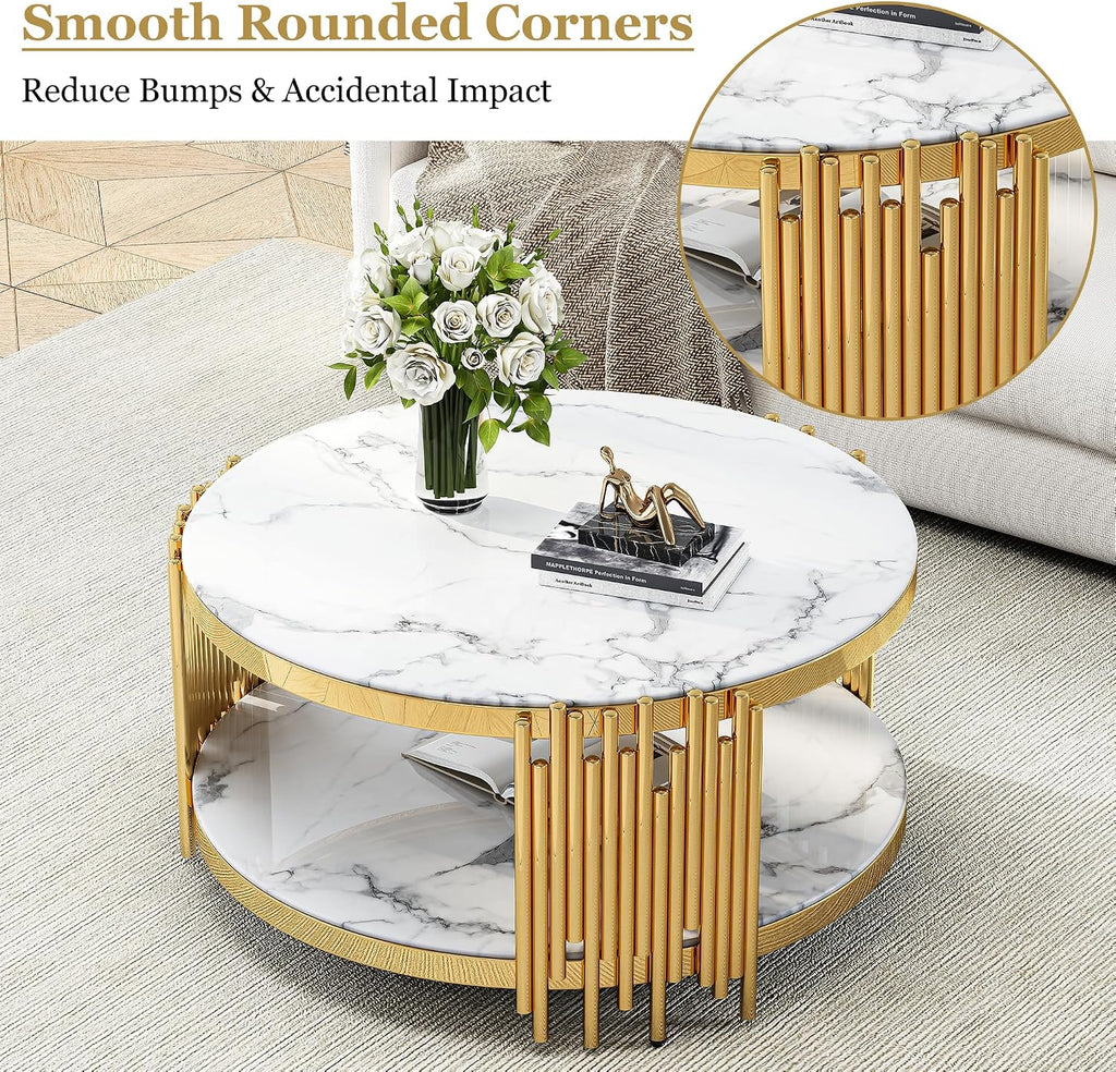 Round 2-Tier Coffee Table, 37' White Faux Marble Top and Gold Stainless Steel Frame, Luxury Modern Center Table for Living Room, Office or Apartment
