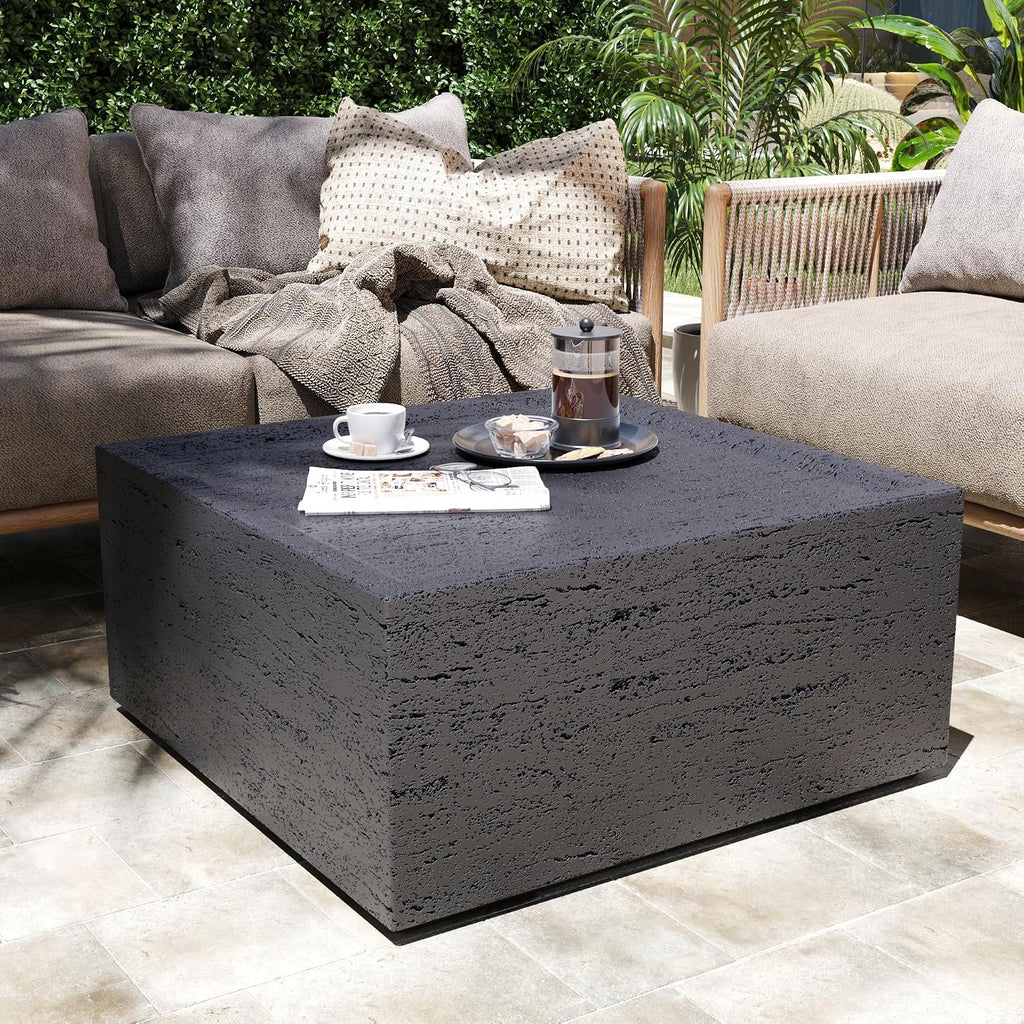 Patio Watcher 28' Modern Square Coffee Table, Light Concrete Textured Center Table for Living Room, Stone Accent Coffee Tea Table for Apartment, 28'×28'×13', No Assembly, Dark Gray