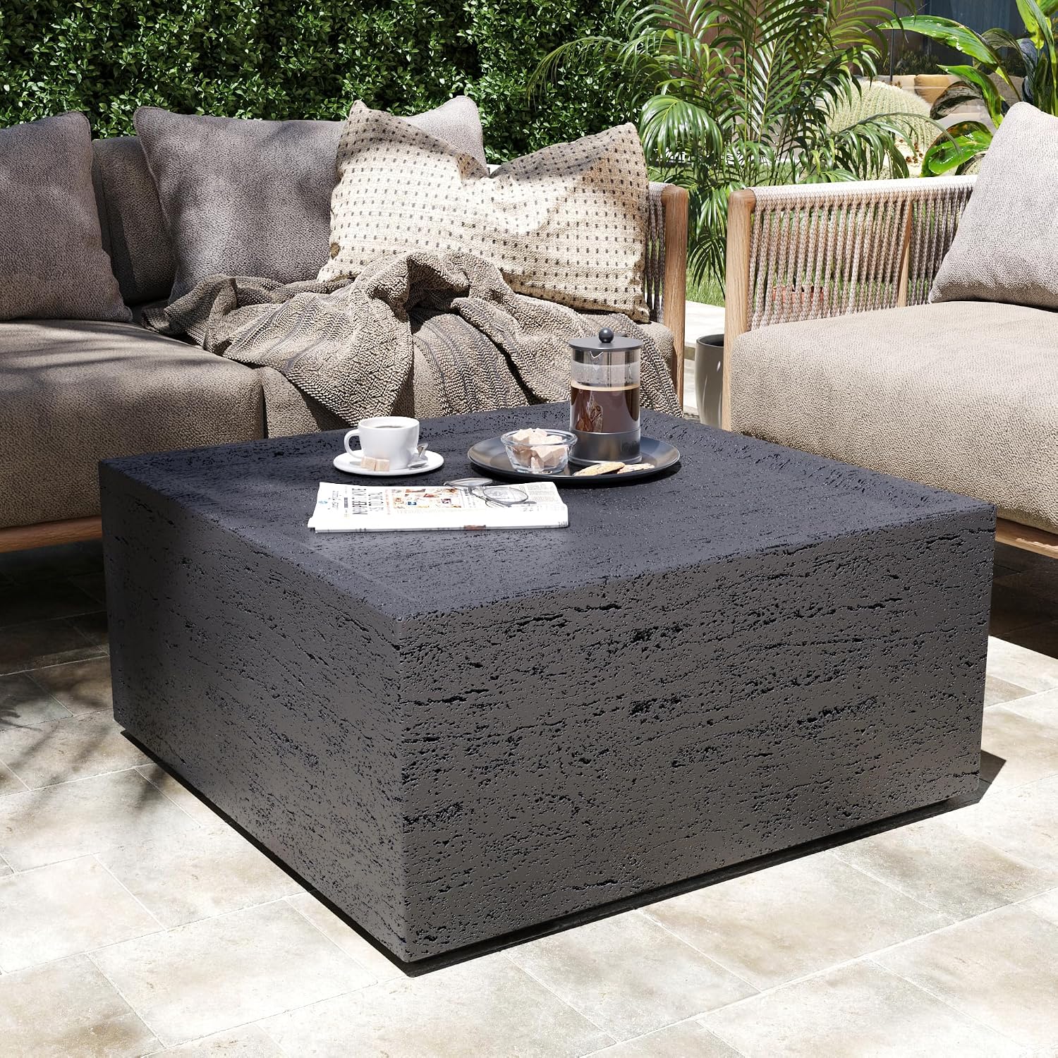 Patio Watcher 28' Modern Square Coffee Table, Light Concrete Textured Center Table for Living Room, Stone Accent Coffee Tea Table for Apartment, 28'×28'×13', No Assembly, Dark Gray