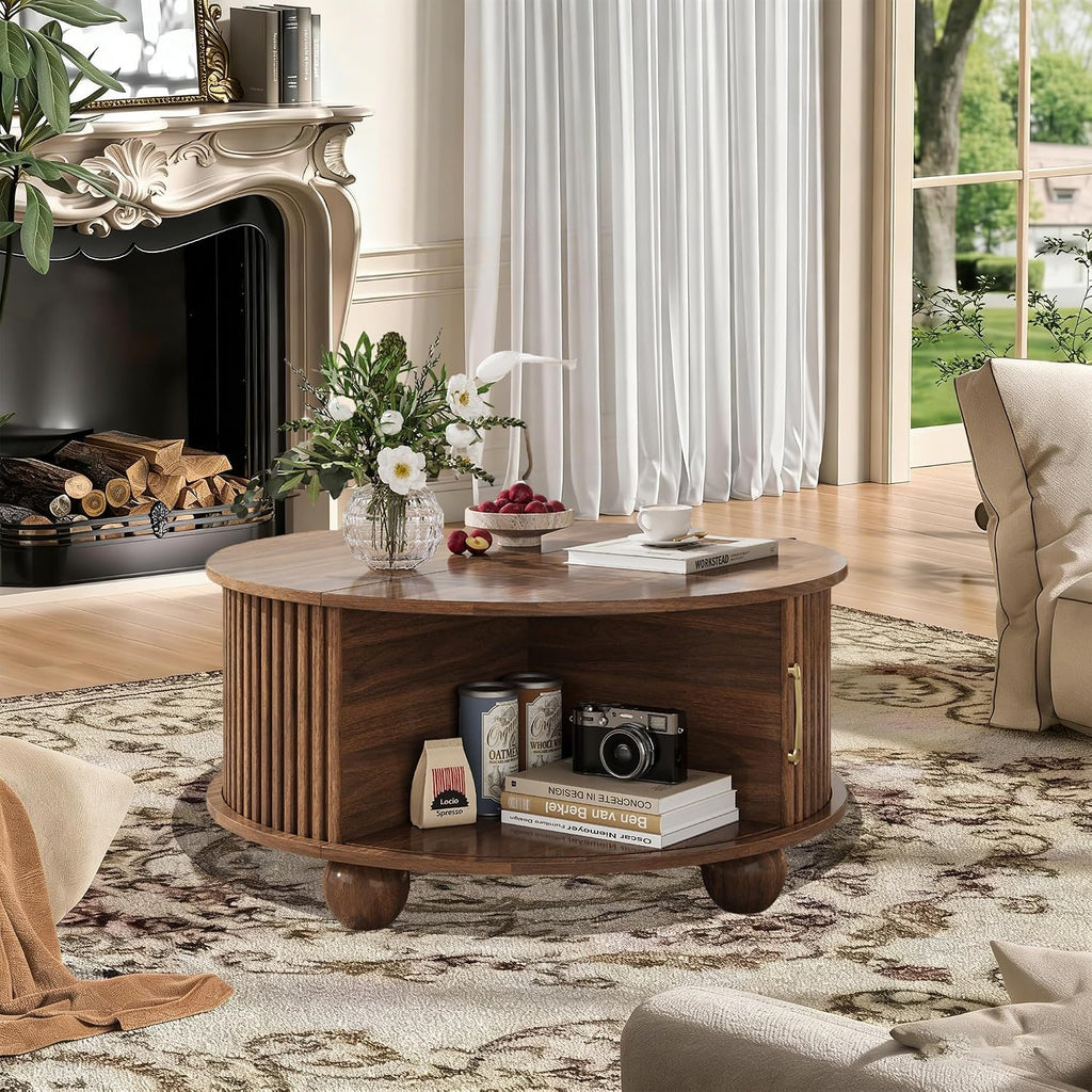 Round Coffee Table with Storage, Fluted Center Table with Sliding Tambour Door and Open Shelves, Mid Century Small Coffee Table for Living Room, Small Space, Walnut
