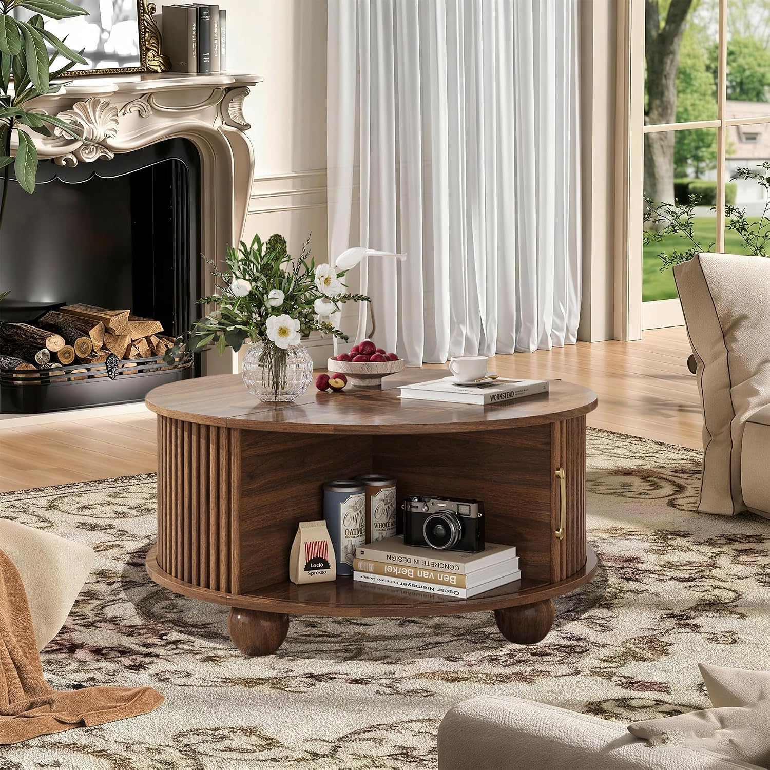 Round Coffee Table with Storage, Fluted Center Table with Sliding Tambour Door and Open Shelves, Mid Century Small Coffee Table for Living Room, Small Space, Walnut