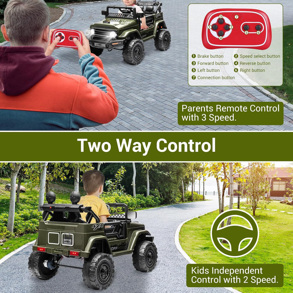 SEHOMY 12V Kids Ride On Truck with Parent Remote, 4 Wheels Battery Powered Electric Car for Kids Toys - 3 Speed, Spring Suspension, LED Lights, Safety Start, Music, Kids Electric Vehicles Dark Green