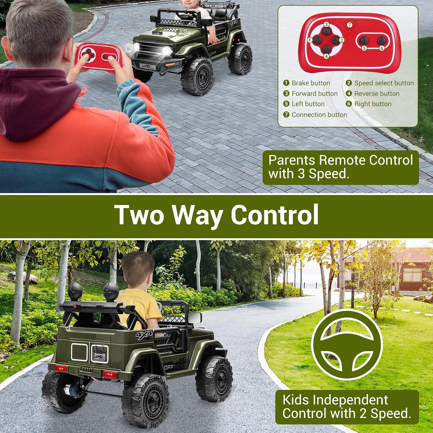 SEHOMY 12V Kids Ride On Truck with Parent Remote, 4 Wheels Battery Powered Electric Car for Kids Toys - 3 Speed, Spring Suspension, LED Lights, Safety Start, Music, Kids Electric Vehicles Dark Green