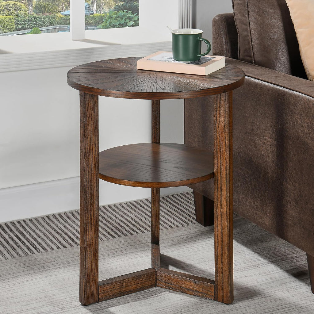 PADMA HOUSE 19.3' Round Wood End Table, 2-Tier Solid Wood Rounded Accent Side Table Circle Nightstand Table with Storage Shelf Vintage Furniture for Home Living Room Bedroom,Rustic Brown 3338NC