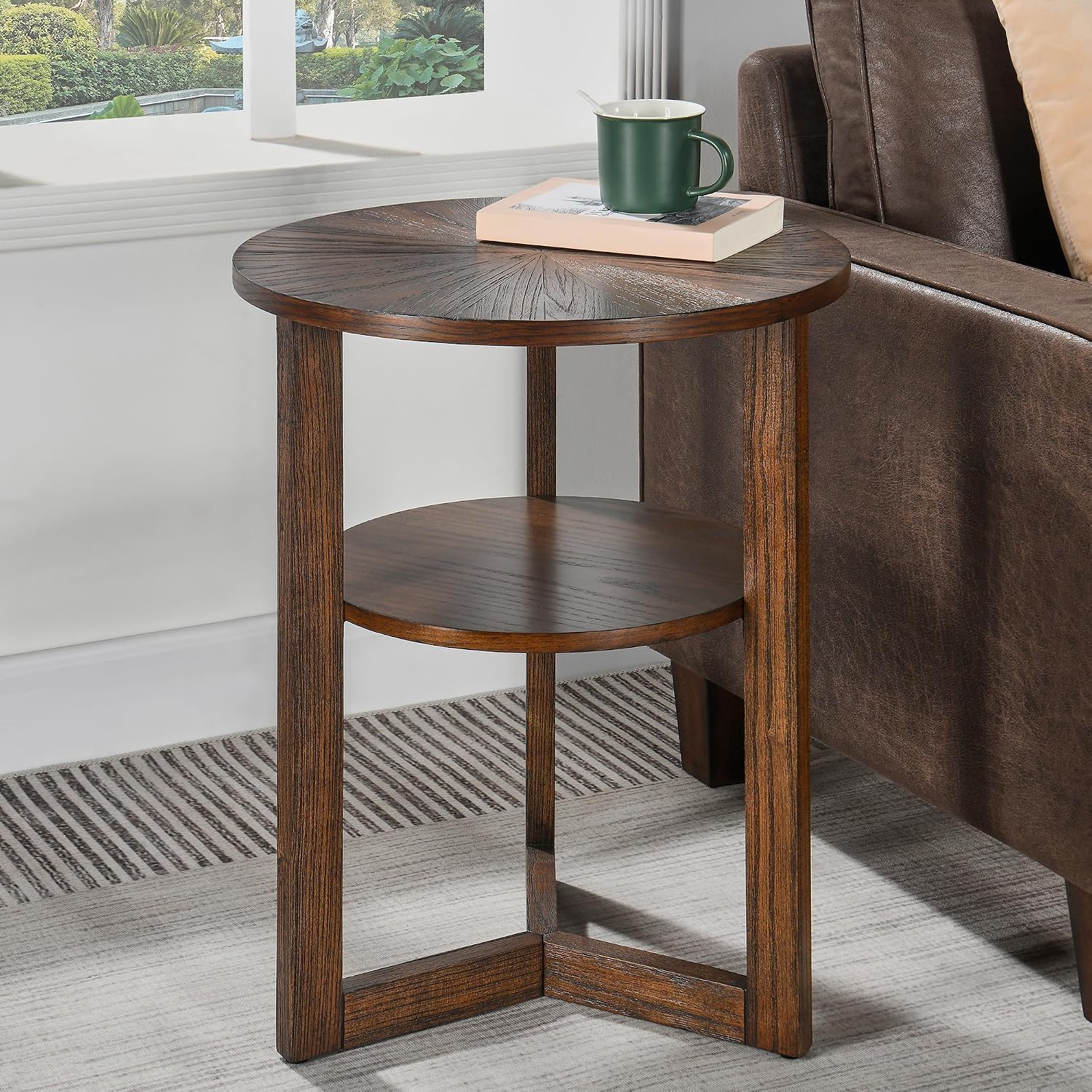 PADMA HOUSE 19.3' Round Wood End Table, 2-Tier Solid Wood Rounded Accent Side Table Circle Nightstand Table with Storage Shelf Vintage Furniture for Home Living Room Bedroom,Rustic Brown 3338NC