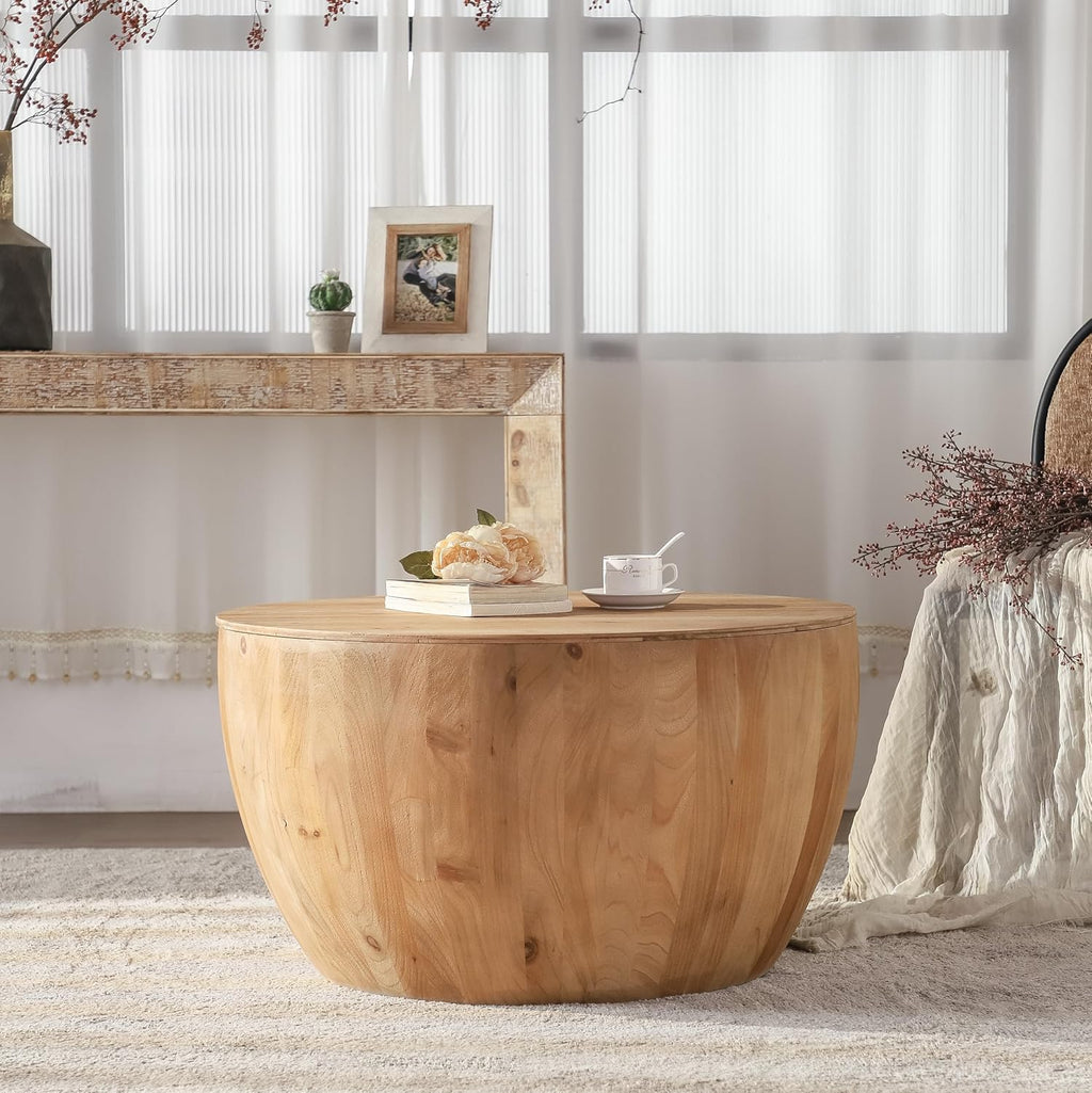 31.50' Coffee Table with Storage, Round Drum Coffee Table for Office, Dining Room and Living Room, Nature