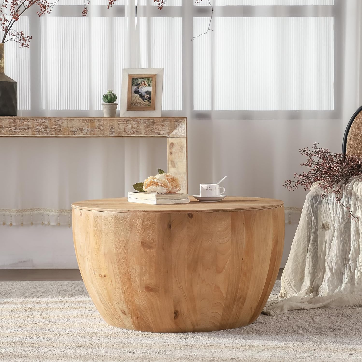 31.50' Coffee Table with Storage, Round Drum Coffee Table for Office, Dining Room and Living Room, Nature