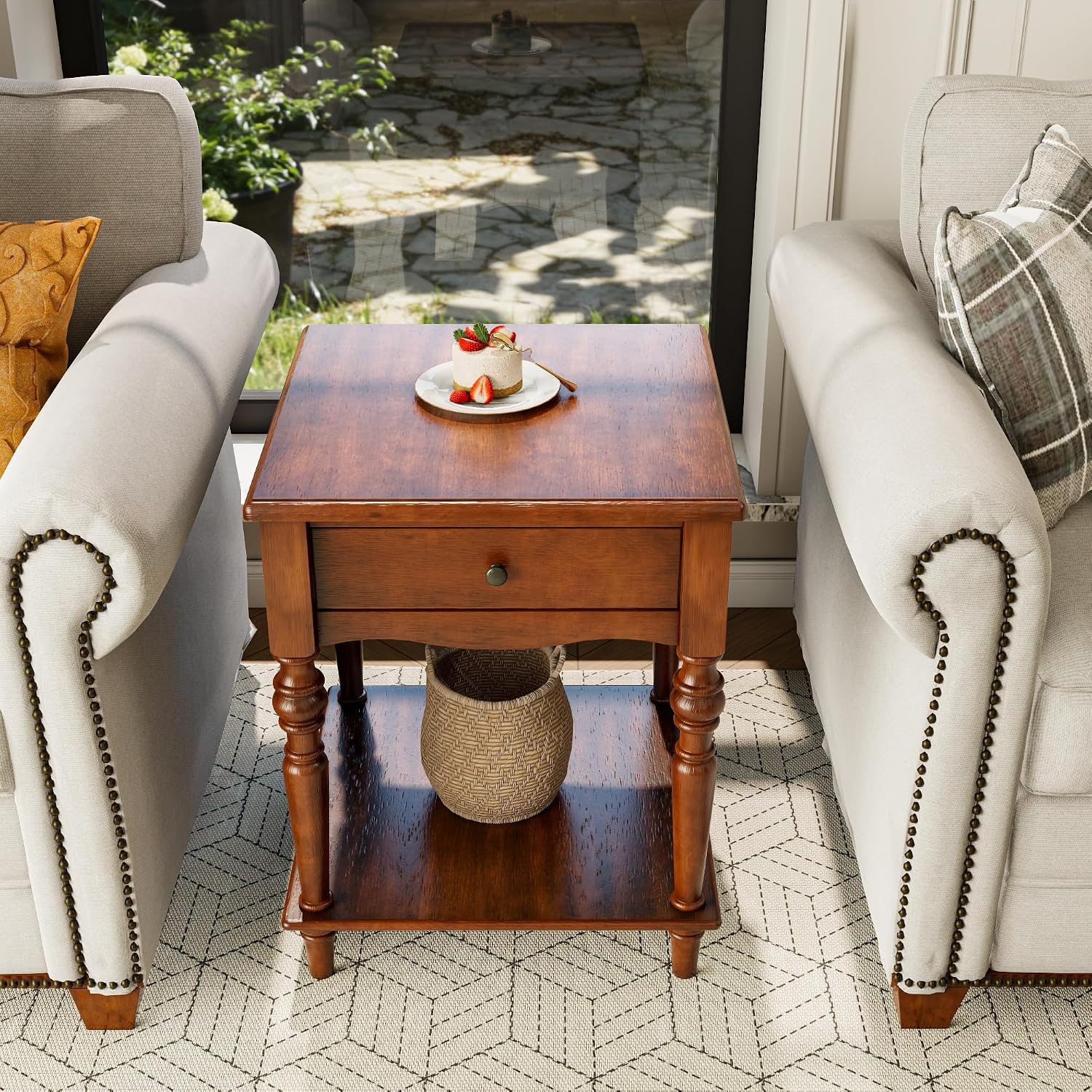 End Table with Drawer and Storage Shelf, Solid Wood Sofa Side Table, Square Beside Table, Telephone Table for Living Room,18.9'L x 18.9'W x 24'H, No-Tools Assembly, Caramel Brown BZ-C008-DR