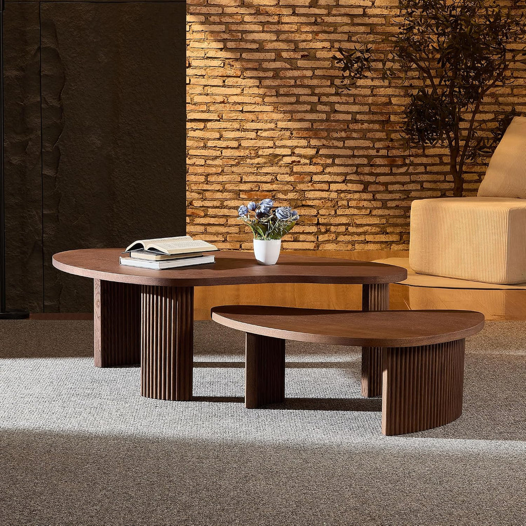 Nesting Coffee Table Set of 2, Modern Irregular Nesting Tables Wooden Center Circle Accent Tea End Side with Fluted Legs for Living Room, Apartment, Office 49.41' W Walnut