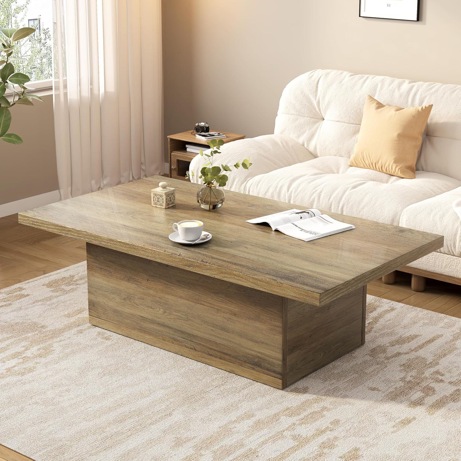 Farmhouse Coffee Table 47.25 Inch Modern Center Tables Wood Cocktail Table, Scratch-Resistant Accent Table with Sturdy Frame for Living Room, Apartment, Home Office & Lounge (Oak Brown)