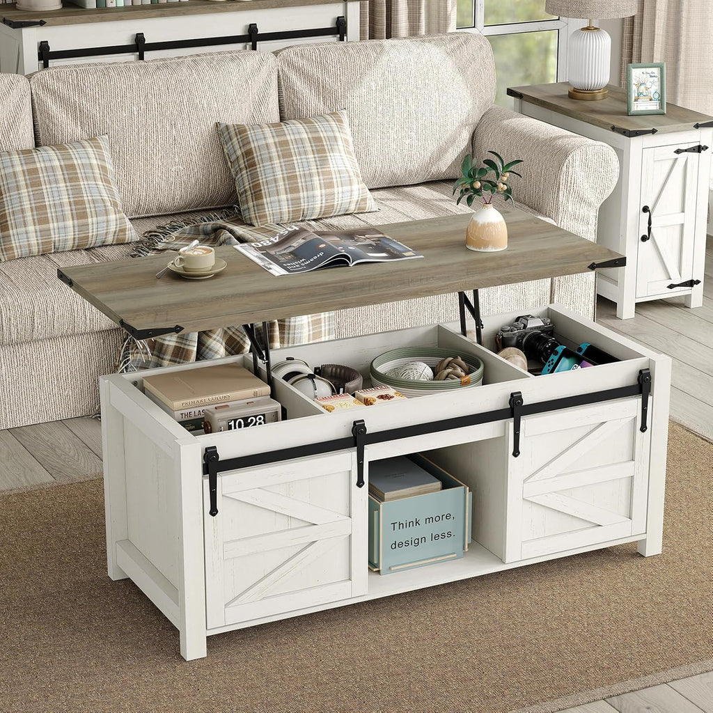 Furnihold 47.3''Lift Top Coffee Table, Farmhouse Center Table with Large Storage & Sliding Barn Doors, Modern Rectangular White Cocktail Table for Living Room, Grey Top