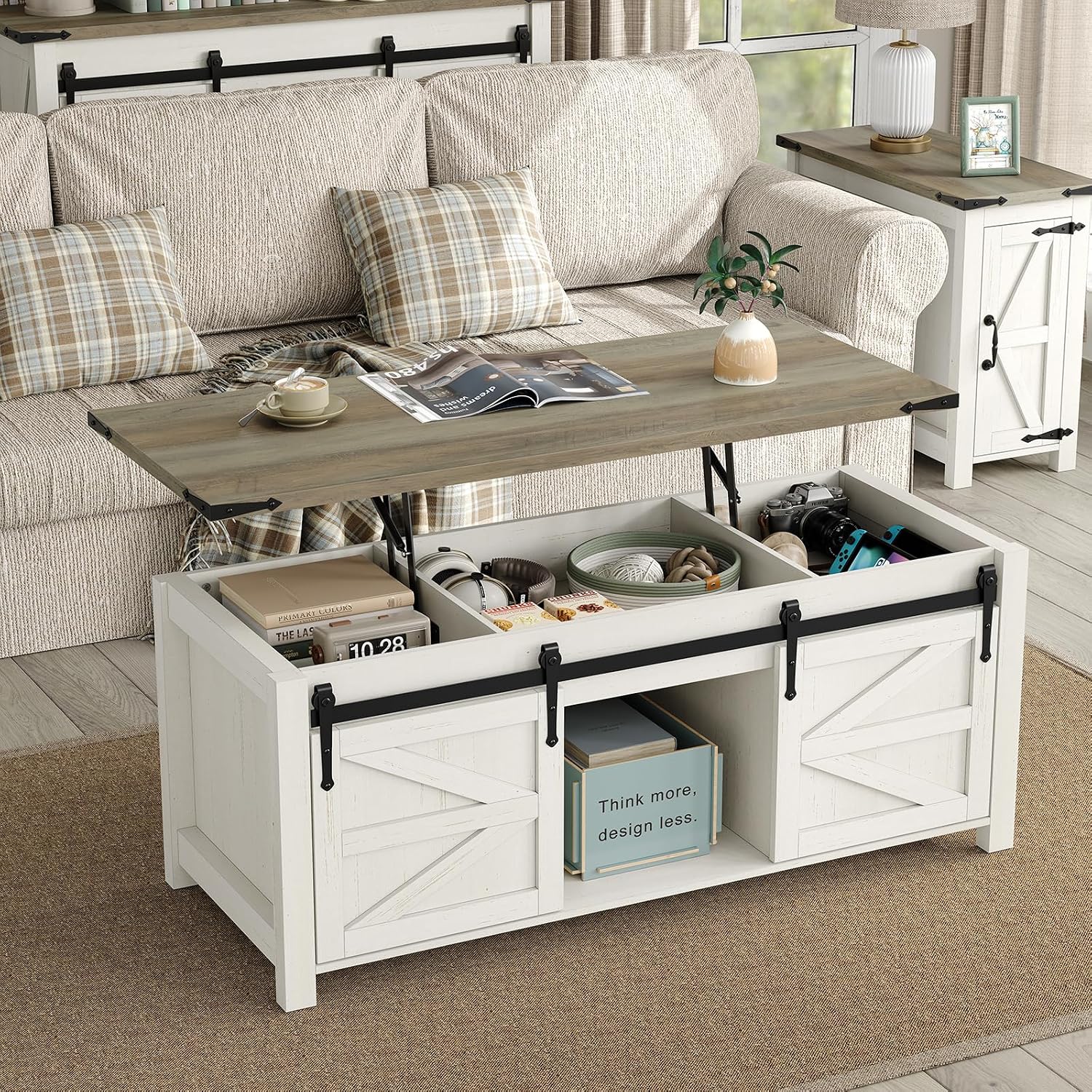 Furnihold 47.3''Lift Top Coffee Table, Farmhouse Center Table with Large Storage & Sliding Barn Doors, Modern Rectangular White Cocktail Table for Living Room, Grey Top