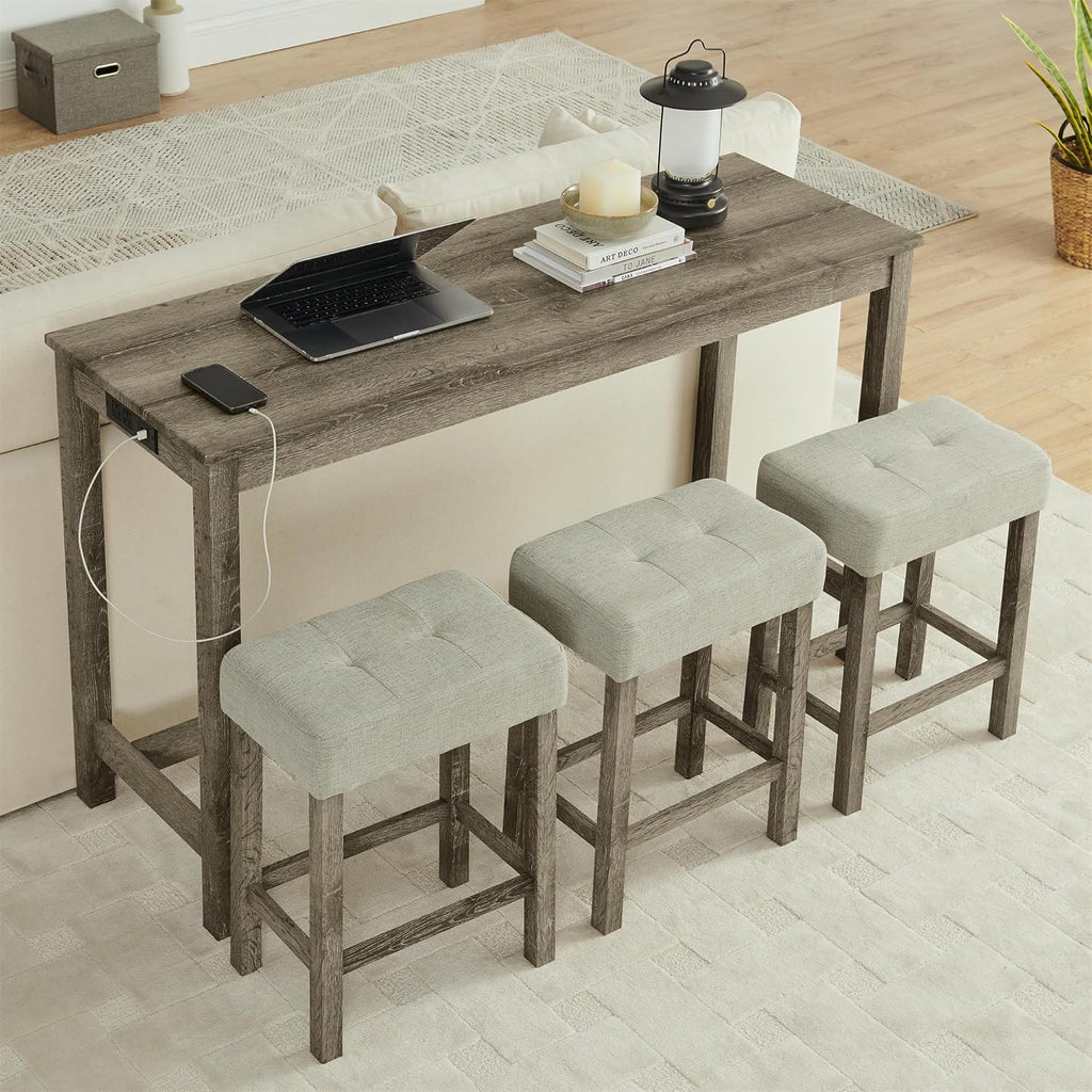 Merax 59' Bar Table Set with Power Outlet,Industrial Breakfast Table with 3 Upholstered Stools w/Footrest,4 Piece Counter Height Bar Table and Chair Set for Living Room,Dining Room,Kitchen,Brown