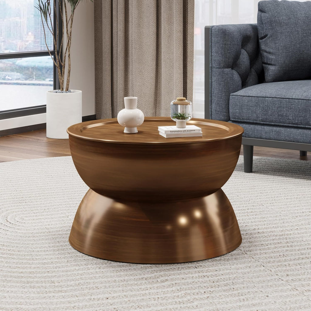 Merax Metal Hammered Coffee Table 24.25' Round Tabletop, Modern Iron Hourglass Coffee Table for Living Room, No Assembly Required, Bear 150lbs, Antique Bronze