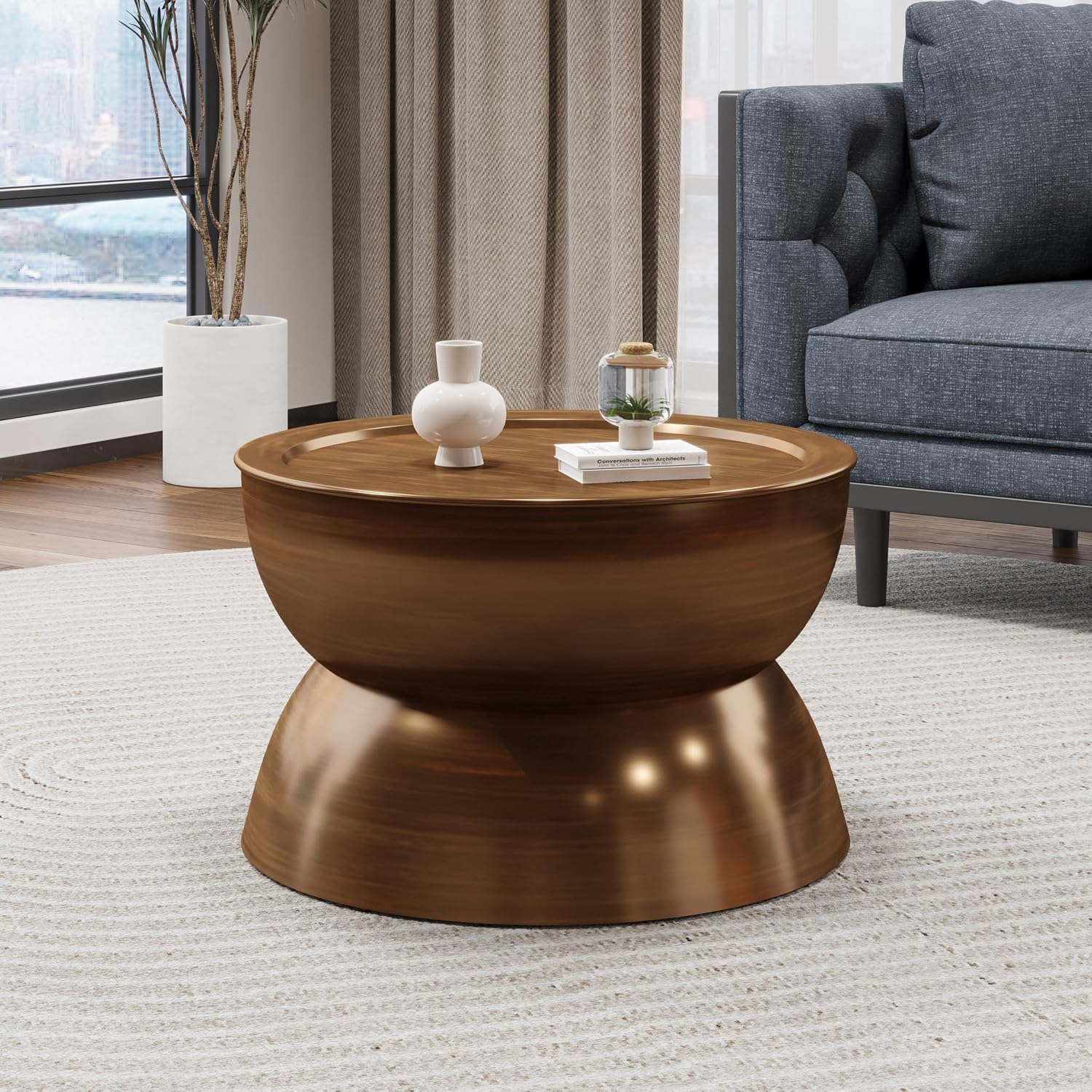 Merax Metal Hammered Coffee Table 24.25' Round Tabletop, Modern Iron Hourglass Coffee Table for Living Room, No Assembly Required, Bear 150lbs, Antique Bronze