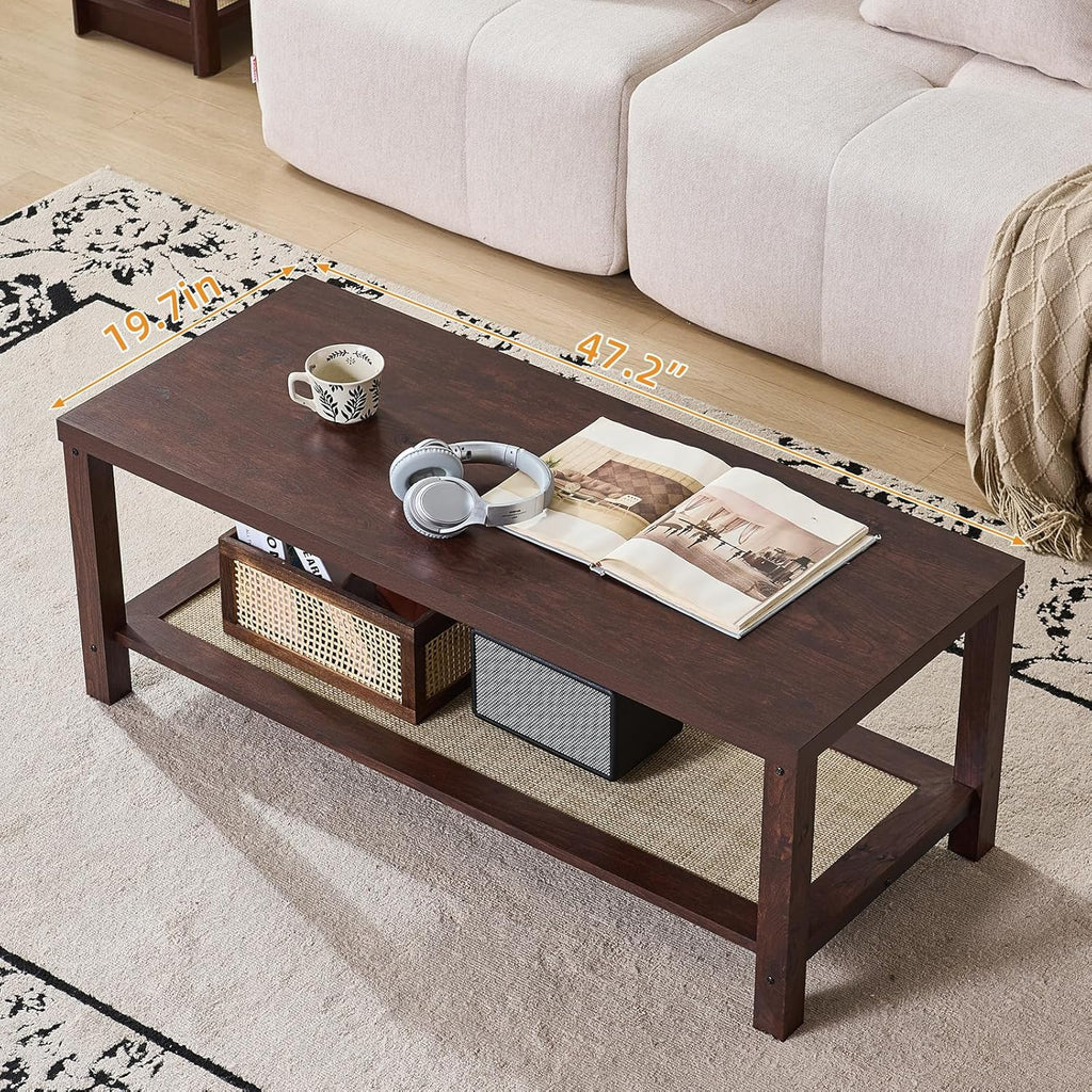 Lerliuo Boho Coffee Table Set of 3, Rattan Coffee and End Table Sets with Charging Station, Living Room Table Set with Open Shelf for Living Room, Walnut