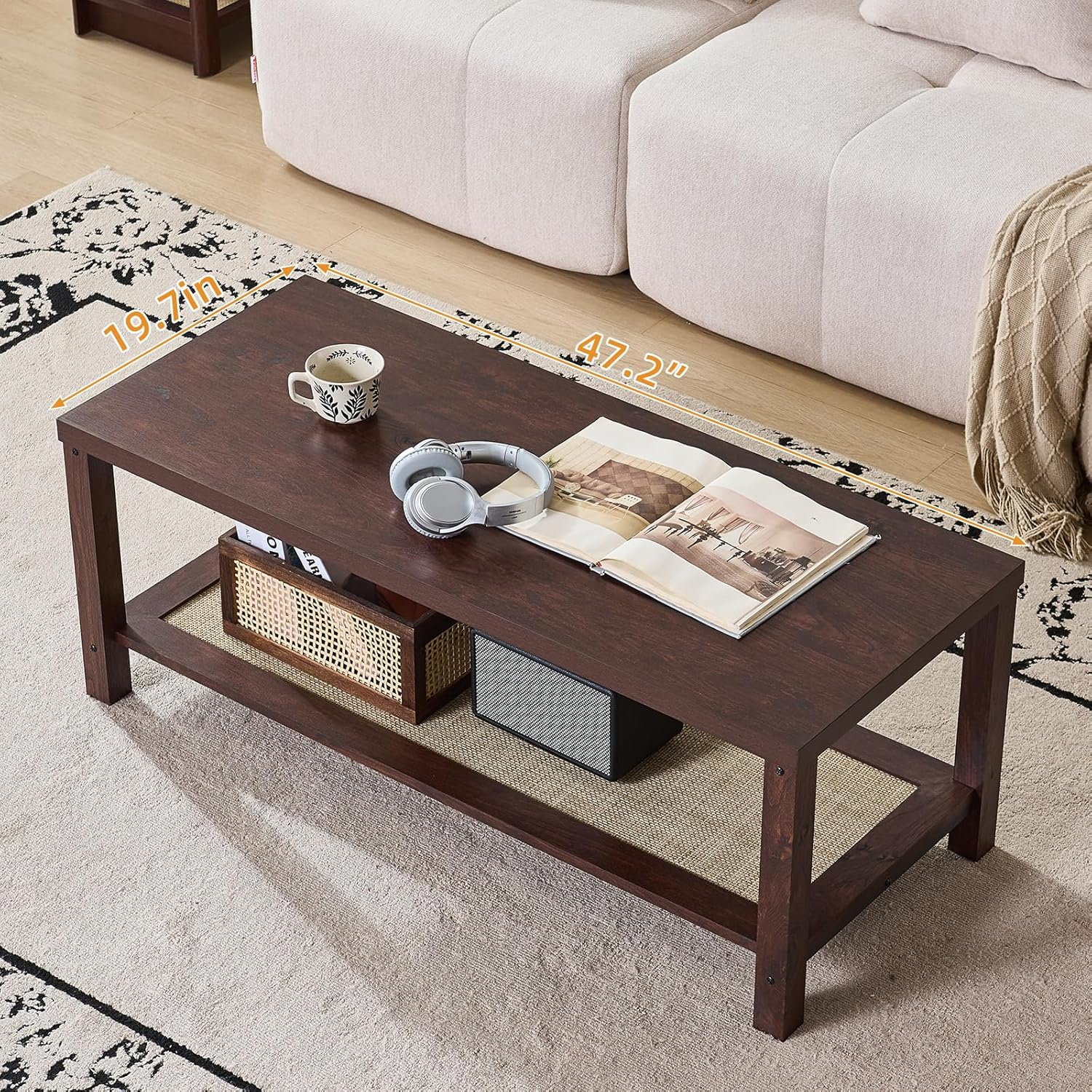 Lerliuo Boho Coffee Table Set of 3, Rattan Coffee and End Table Sets with Charging Station, Living Room Table Set with Open Shelf for Living Room, Walnut