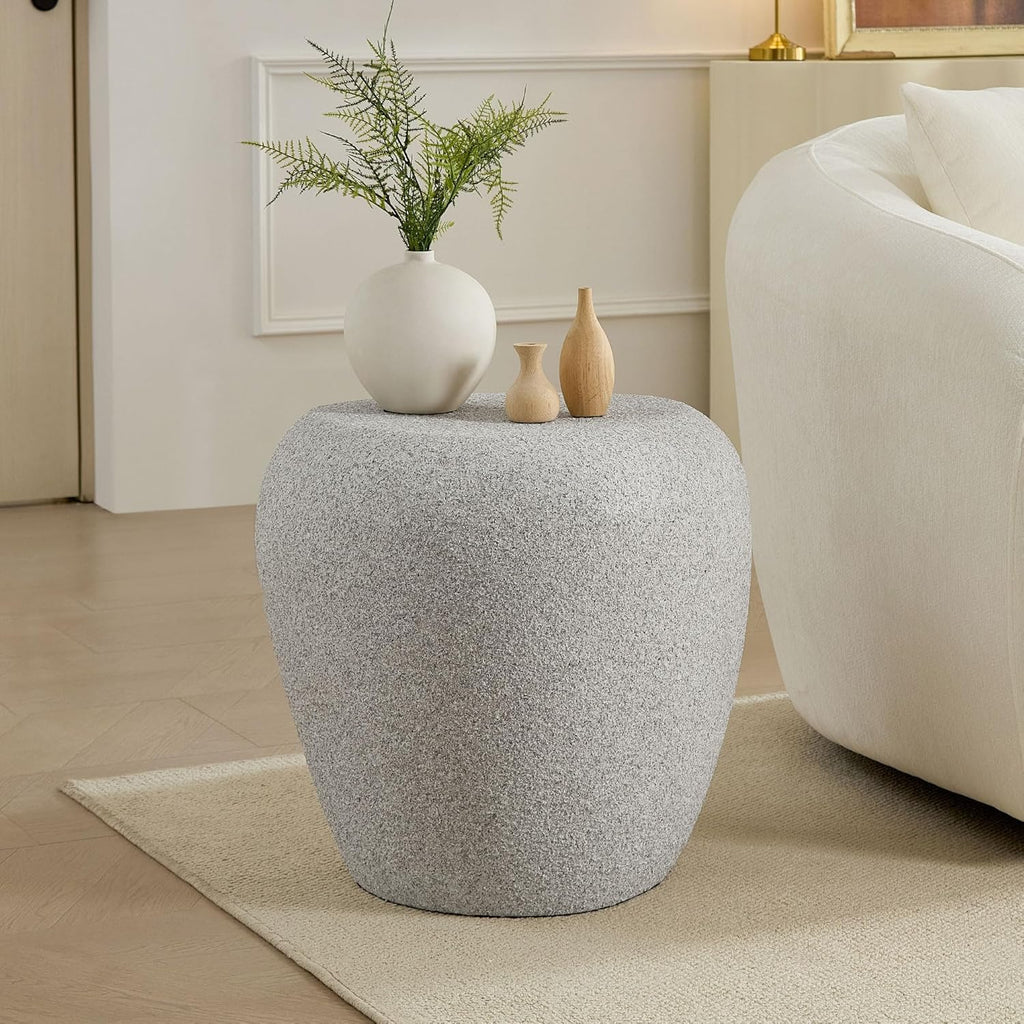 Faux Rock Side Table with Lightly Rought Rock Design,Irregular Drum End Table Fiberglass Accent Stone-Like Nightstand for Living Room,No Assembly
