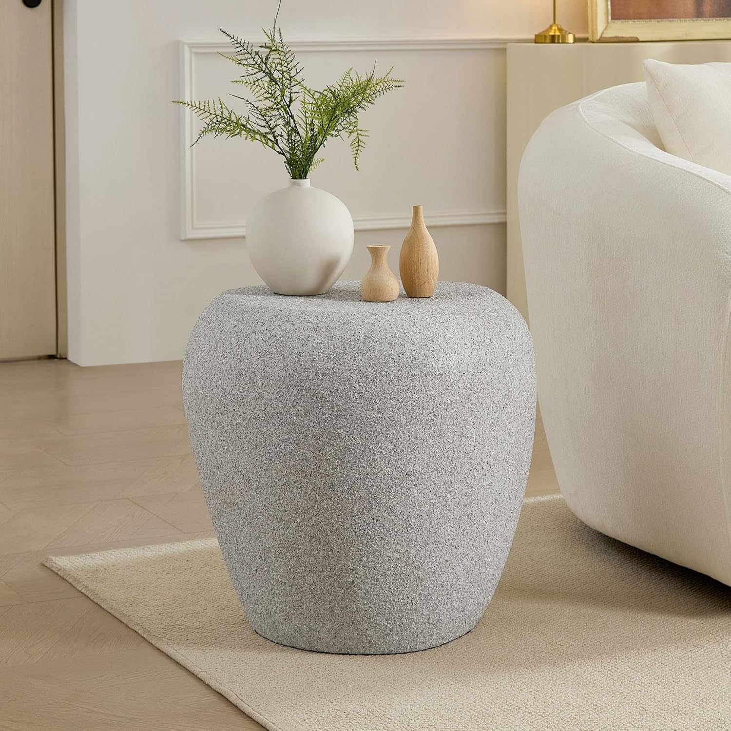 Faux Rock Side Table with Lightly Rought Rock Design,Irregular Drum End Table Fiberglass Accent Stone-Like Nightstand for Living Room,No Assembly