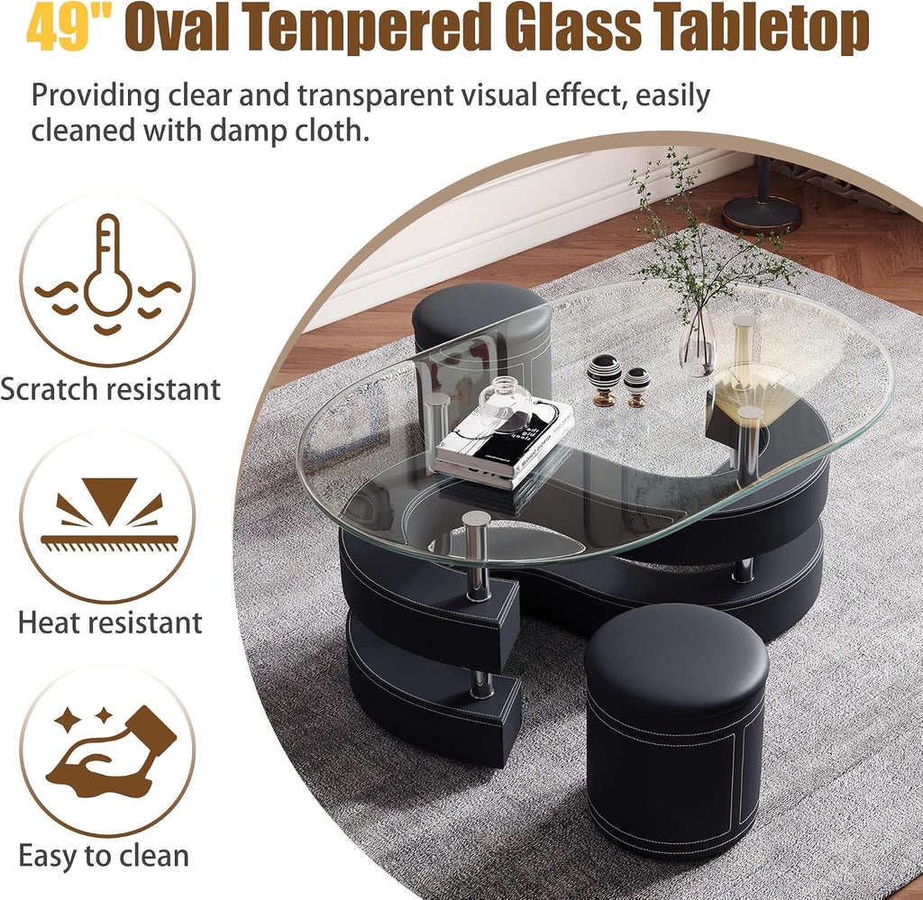 Glass Coffee Table Set with 2 Stools, 49' Oval Coffee Table and 2 Leather Stools, Modern Glass Center Table for Living Room, Home Office