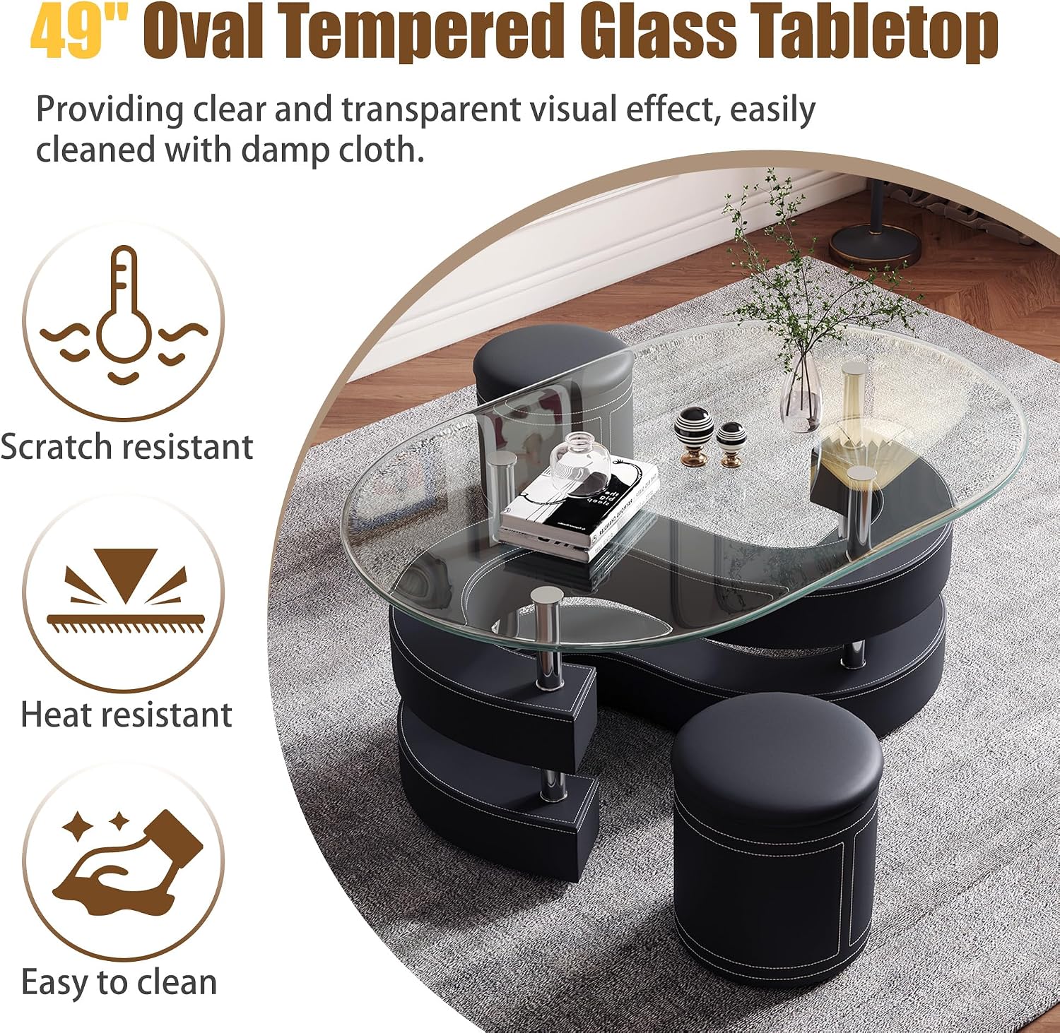 Glass Coffee Table Set with 2 Stools, 49' Oval Coffee Table and 2 Leather Stools, Modern Glass Center Table for Living Room, Home Office