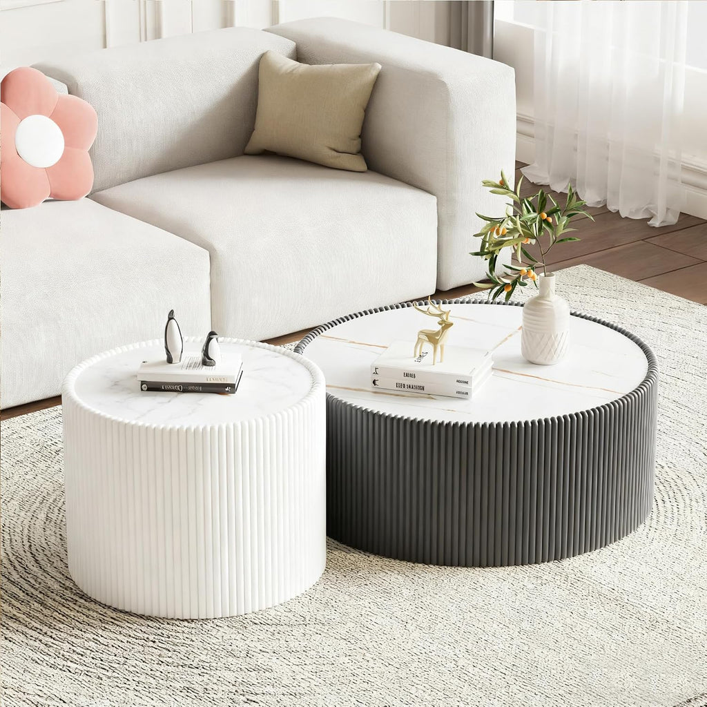 Modern Round Coffee Table Set of 2 Luxury Sintered Stone Top Coffee End Table in Grey/White Leatherette Drum-Shape Small Coffee Side End Tables for Living Room,Fully Assembled