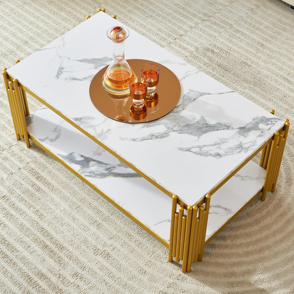 48' Rectangle White Marble Coffee Table Luxury 2-Tier Center Coffee Table with Golden Metal Frame Modern Living Room Table Elegant Accent Cocktail Tea Table with Storage Shelves