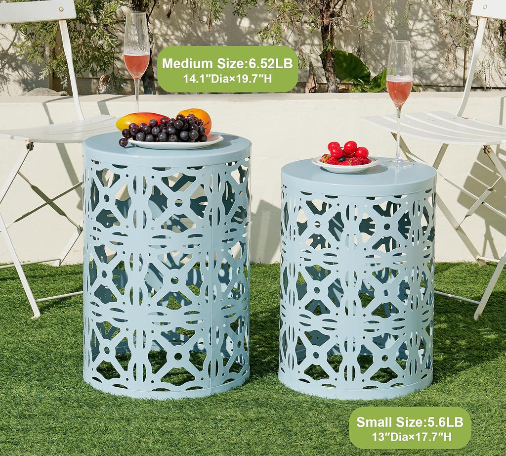 HFHOME Set of 3 Metal Outdoor Side Table, Nesting Round Coffee Table for Indoor Outdoor, Heavy Duty End Tables Plant Stand Living Room Garden Stool - Blue