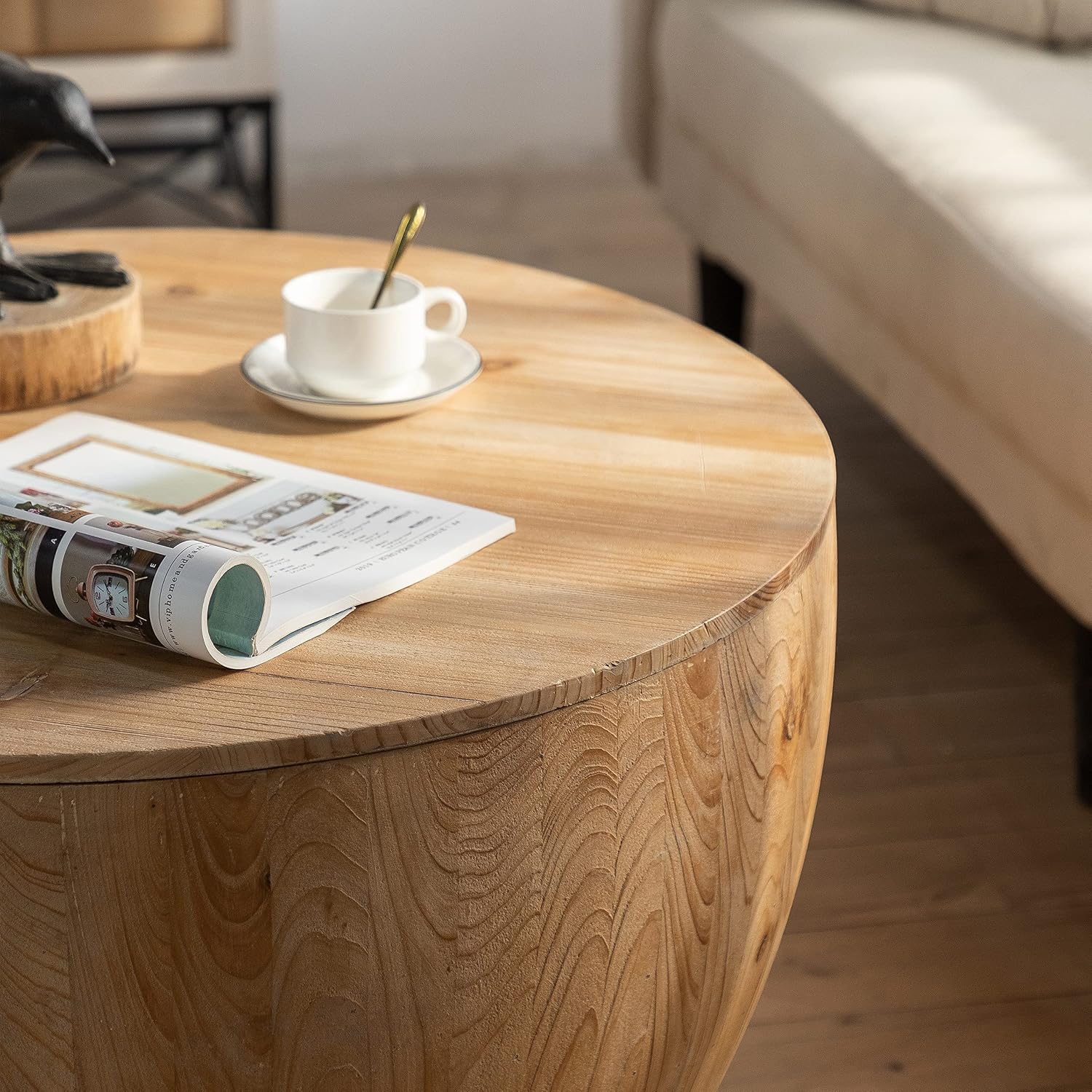 31.5'' Round Wood Coffee Table with Storage for Living Room, Modern Retro Farmhouse Bucket Shaped Drum Coffee Table for Living Room Apartment Bedroom, (ø31.5'' x 17.7'')