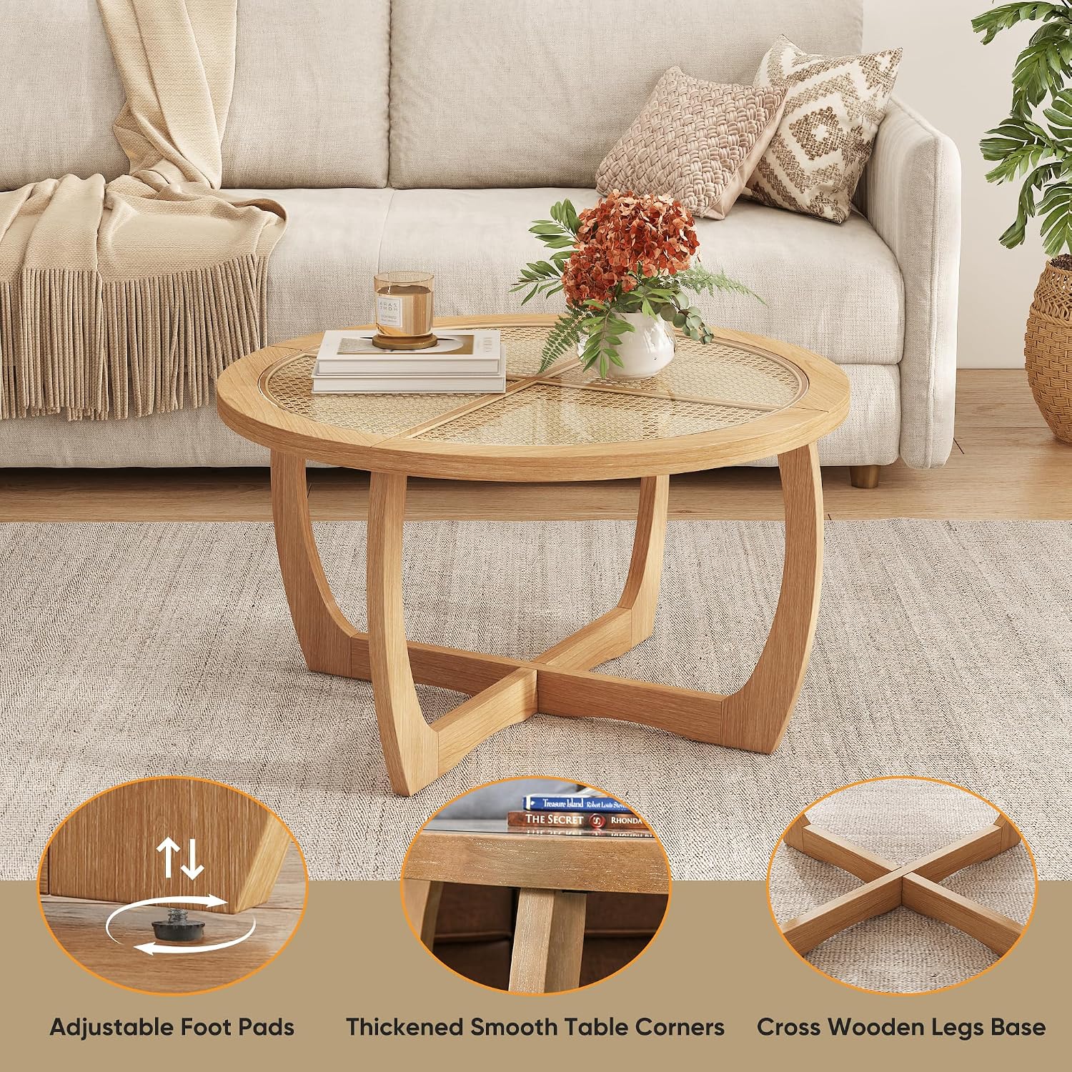 PADMA HOUSE Round Wood Coffee Table with Glass Rattan Top, Wooden Circle Center Table with Curved Legs & Removeable Tempered Glasstop, Cocktail Table for Living Room, Light Brown 32.28' x 18.15'