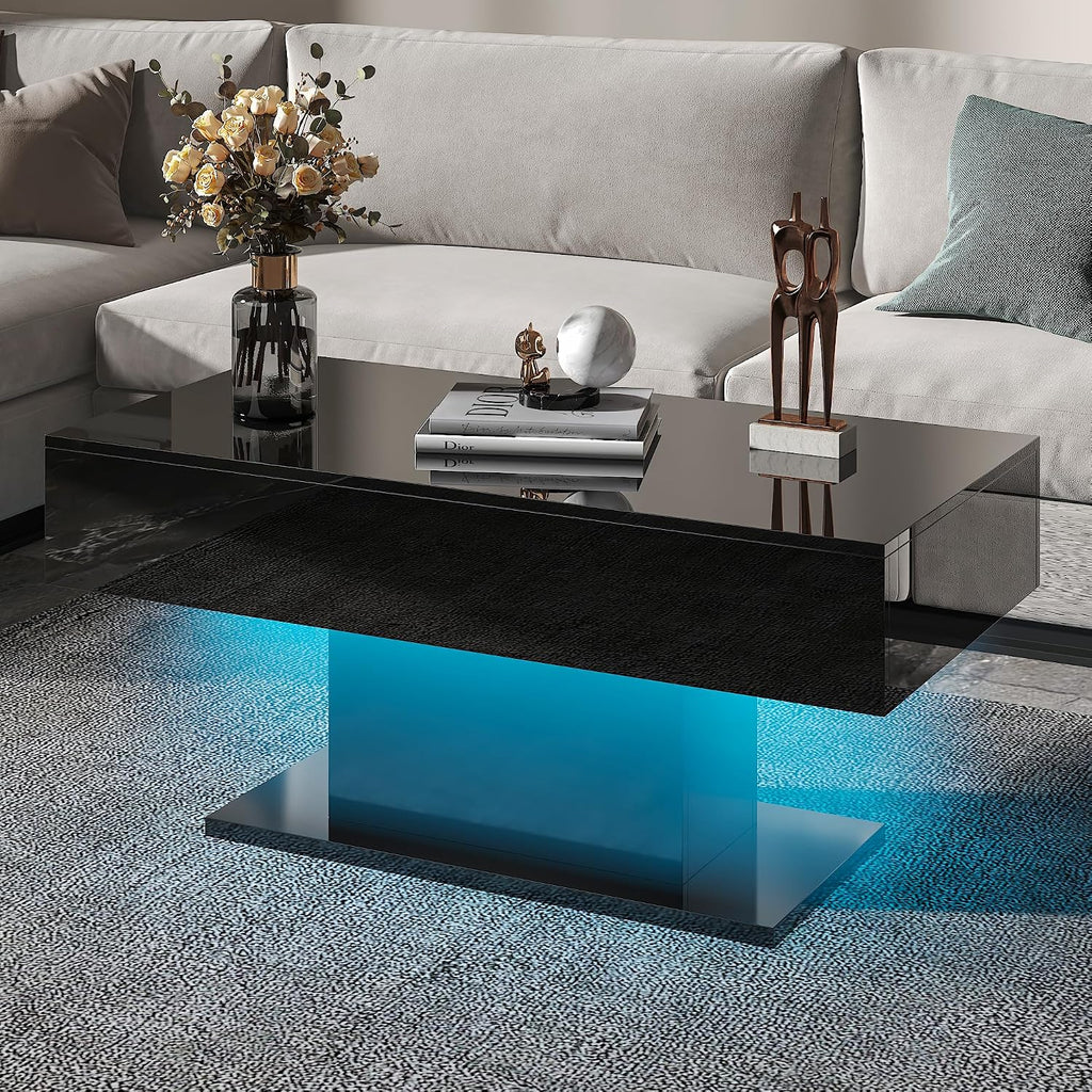 HedoAjim Led Coffee Table for Living Room, Living Room Table Rectangular Center Table, Modern High Glossy Wooden Coffee Tables with 16 Colors LED Lights for Dining Reception Room, Black