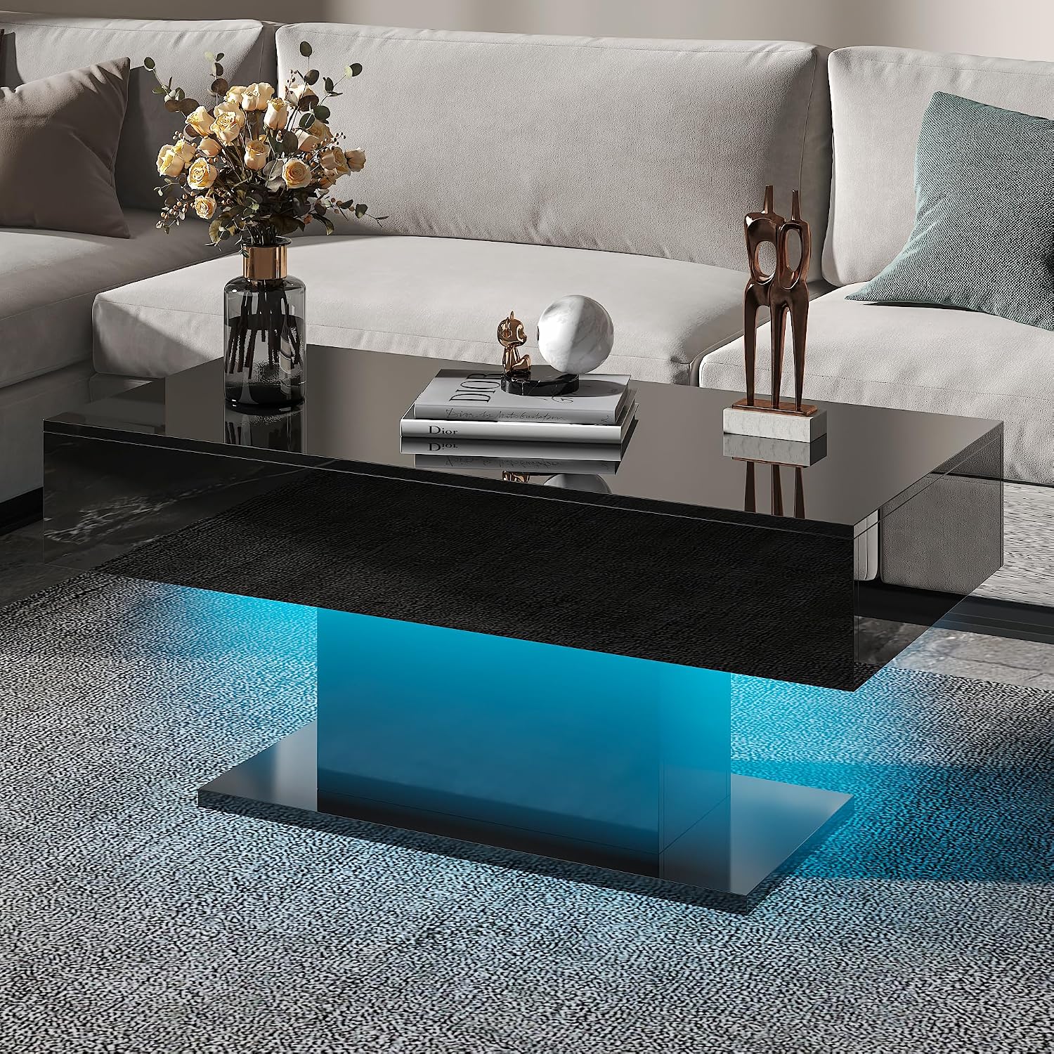 HedoAjim Led Coffee Table for Living Room, Living Room Table Rectangular Center Table, Modern High Glossy Wooden Coffee Tables with 16 Colors LED Lights for Dining Reception Room, Black