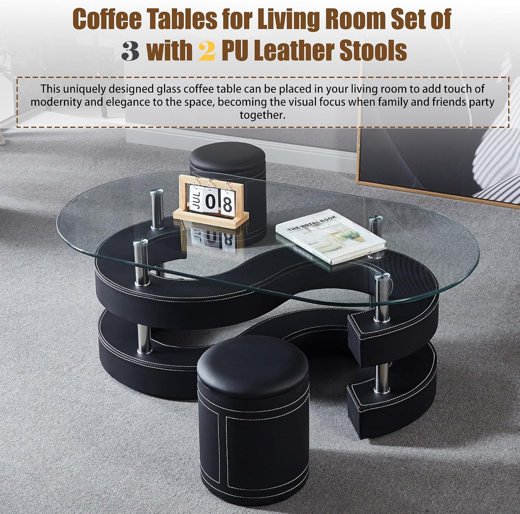 Glass Coffee Table Set with 2 Stools, 49' Oval Coffee Table and 2 Leather Stools, Modern Glass Center Table for Living Room, Home Office