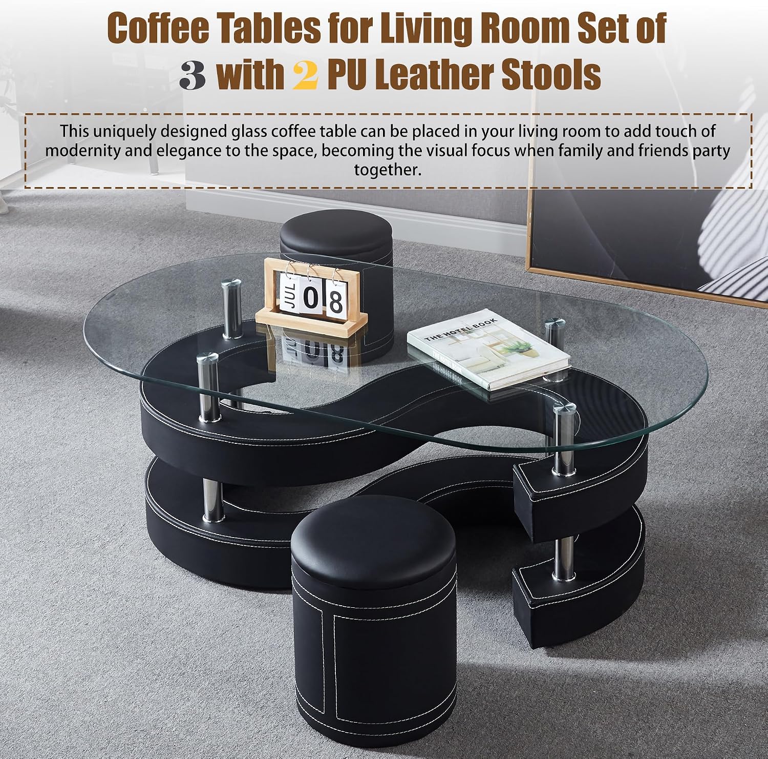 Glass Coffee Table Set with 2 Stools, 49' Oval Coffee Table and 2 Leather Stools, Modern Glass Center Table for Living Room, Home Office