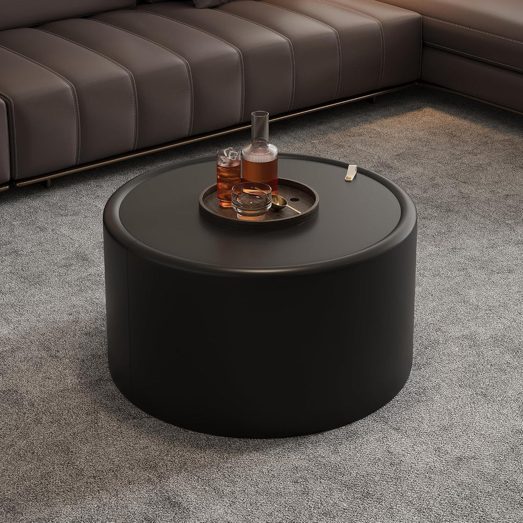 Black Round Coffee Table with Tempered Glass Top, PU Leather Accent Table with Hidden Storage, No Assembly Required Modern Coffee Tables for Living Room