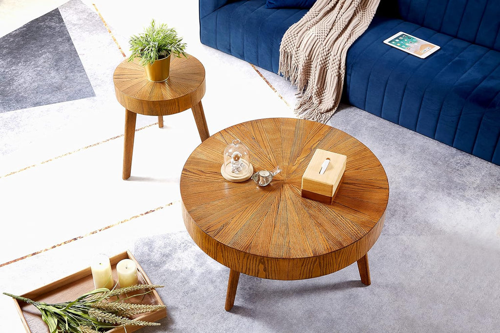 Nesting Round Wood Coffee Table Set of 2 - Wooden Circle Coffee Table ＆ End Table Side Table for Living Room Apartment (Espresso,31x31x14 in)