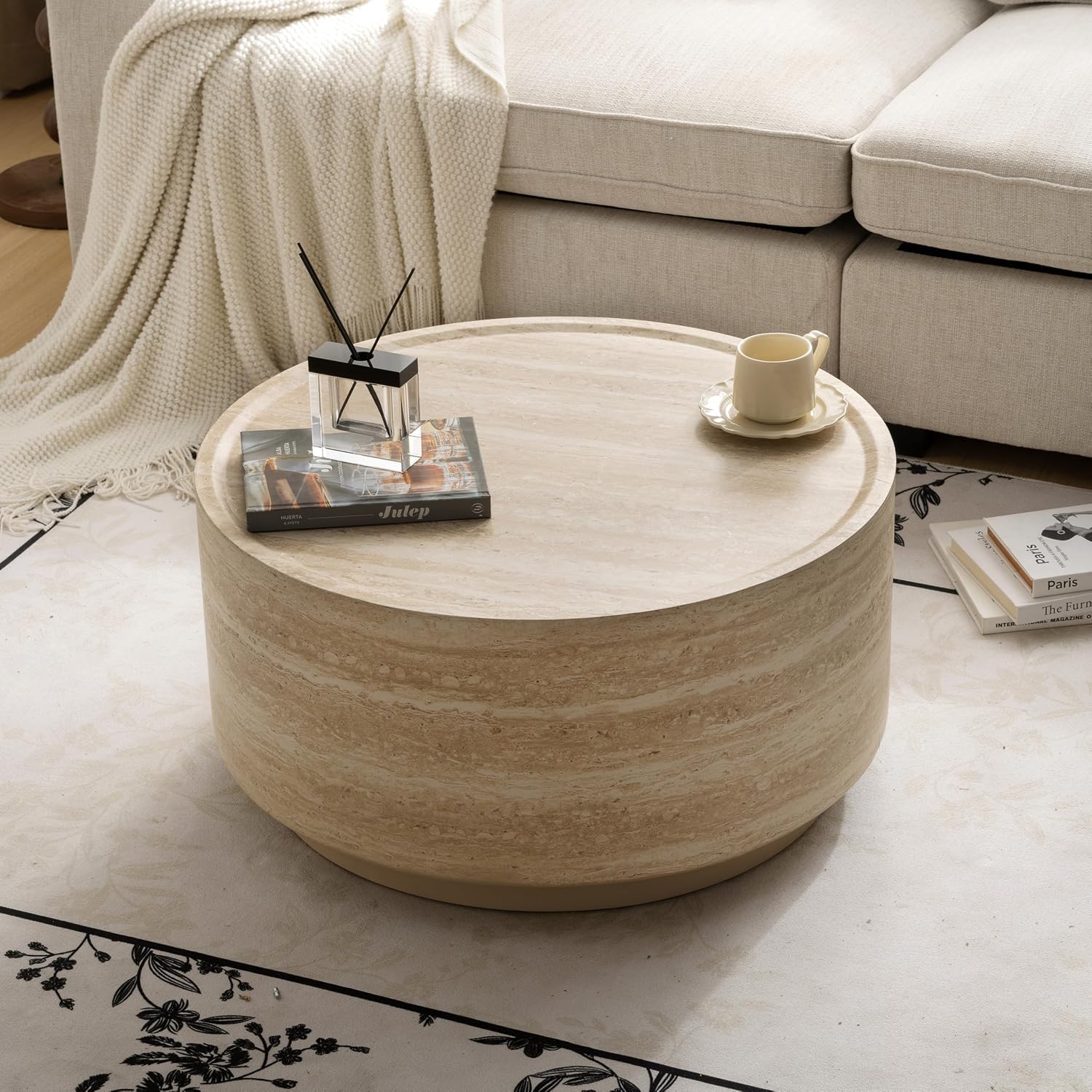 LUMISOL 27.5' Round Coffee Table, Faux Marble Center Table with Drum Design, Contemporary Side Table with Durable Construction for Living Room, Office, Apartment, No Assembly Required, Beige