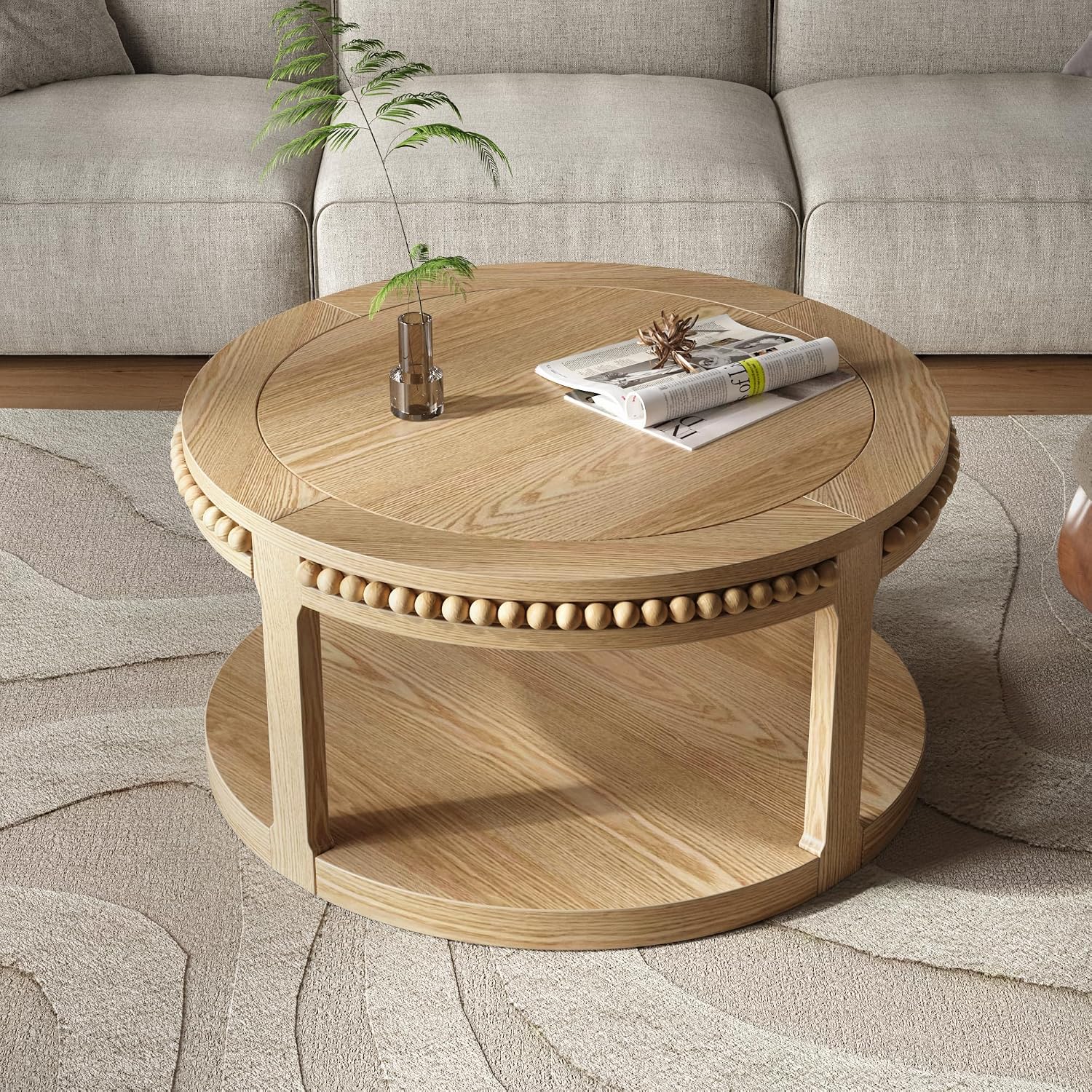 31.5'' Round Coffee Table, 2-Tier Modern Rustic Wood Circle Coffee Table for Living Room, Easy Assembly, Natural